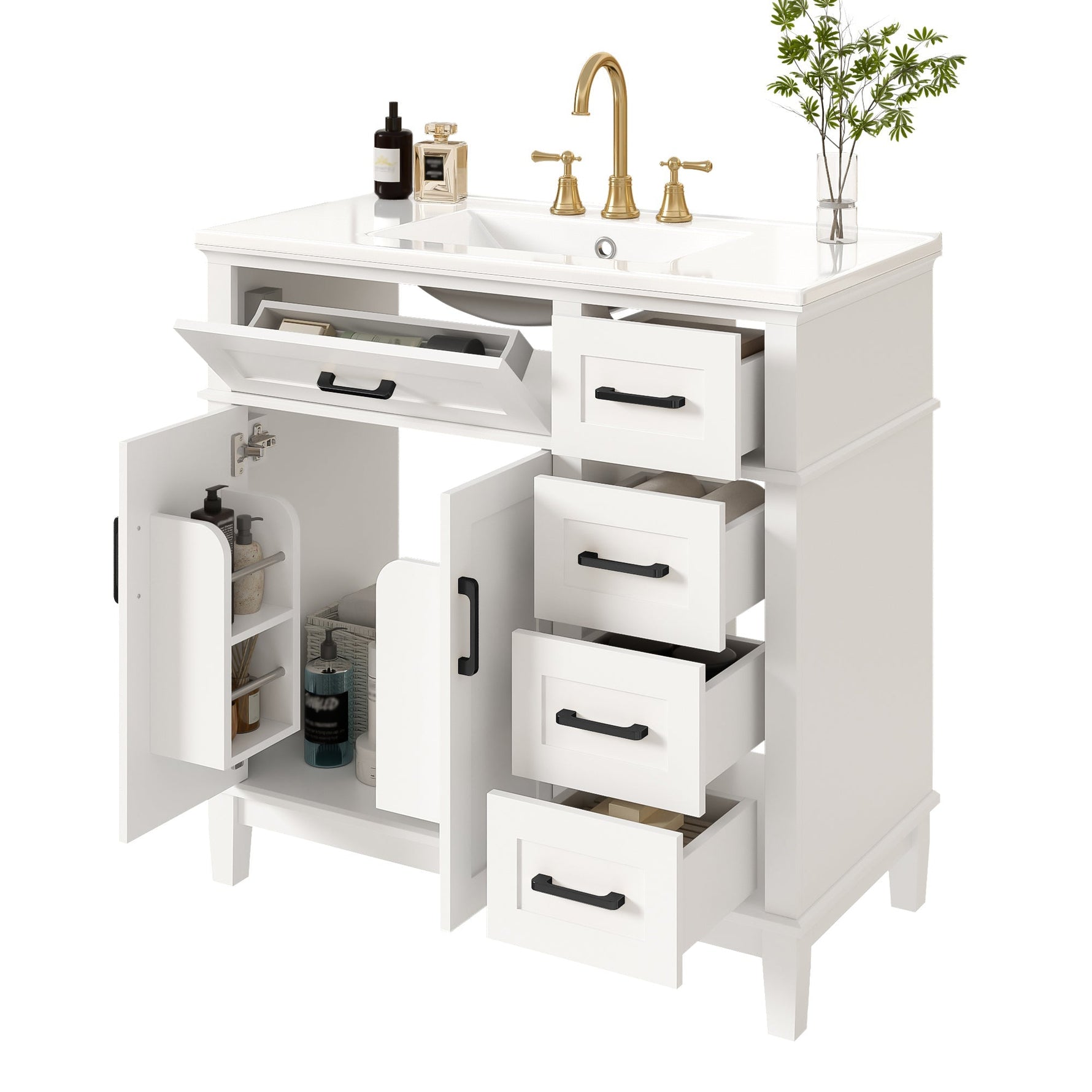 Bathroom Vanity Unit with Ceramic Sink and Soft-Close Drawers, White and Black