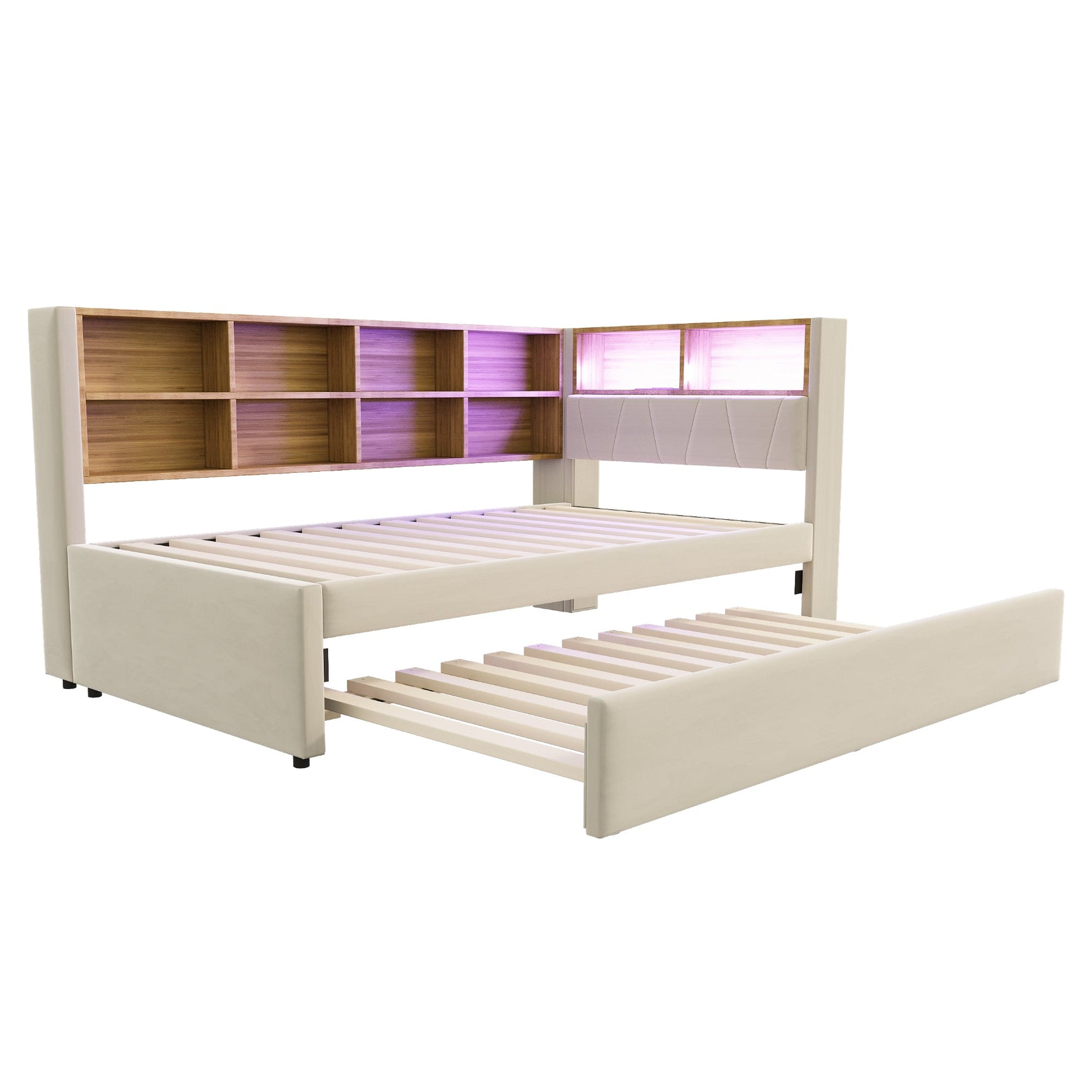 Sofa Bed with Pull-Out Bed, USB Socket, Storage, Beige