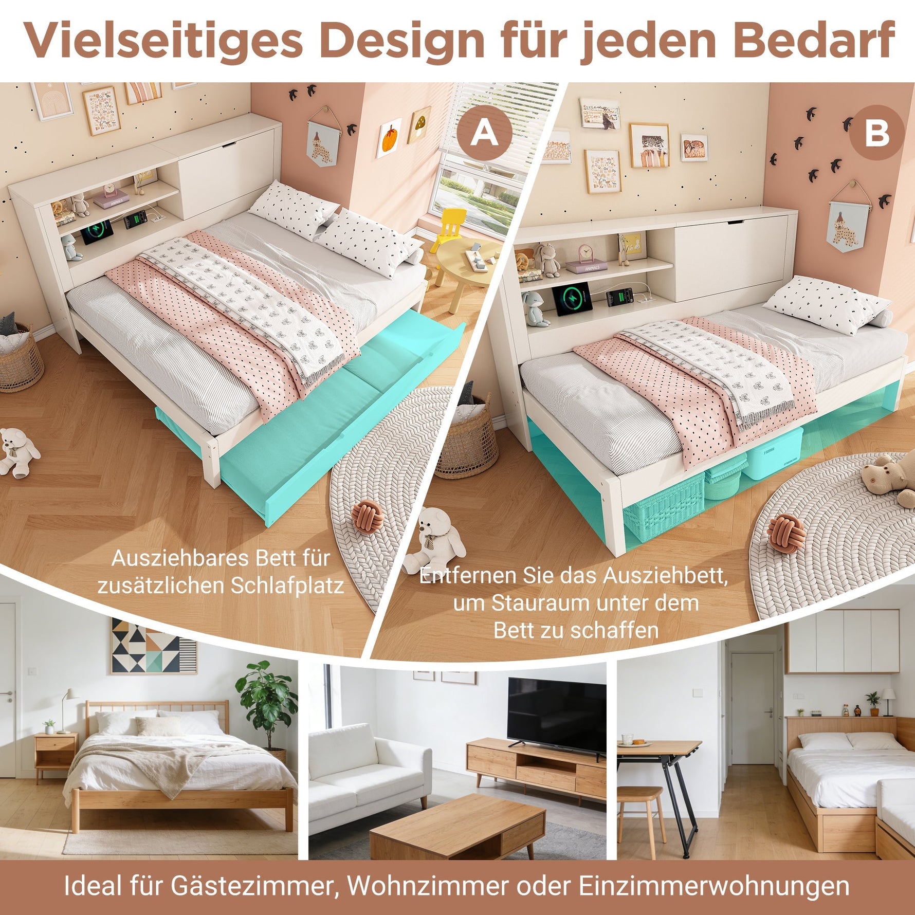Sofa Bed with Pull-out Bed and Storage Back Panel, USB/USB-C Charging Station, White