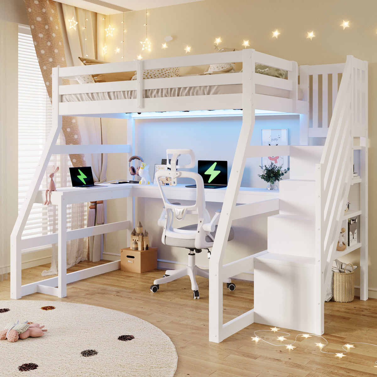 Wooden Loft Bed 90x200 with Desk, LED, USB & Storage Stairs, White