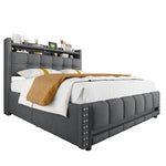Upholstered Bed with LED, USB, Shelves & 4 Drawers, Gray Linen