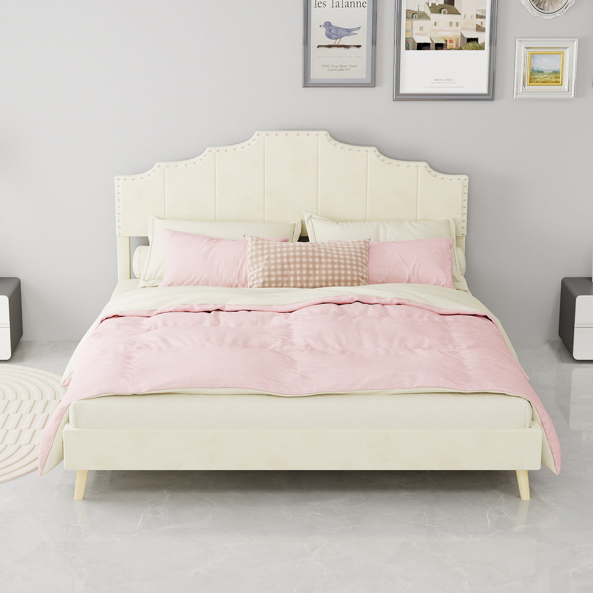 Modern Minimalist Soft Bed with 160x200cm Mattress, Beige