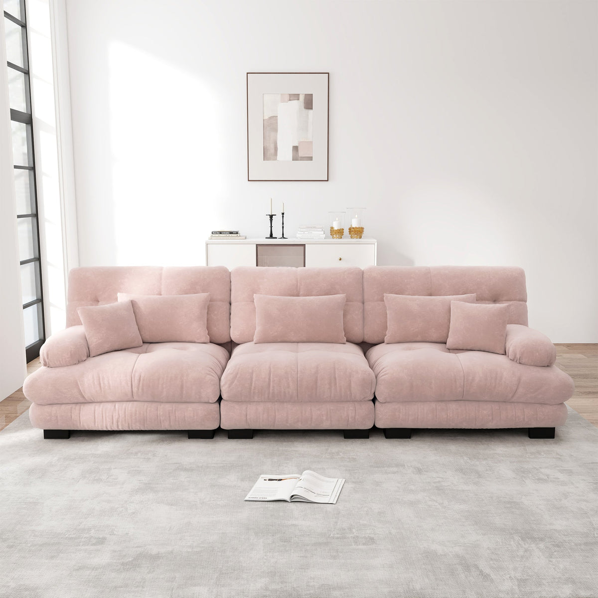 3-Seater Modular Corner Sofa with Deep Seat, Chenille Sleeper Sofa, Comfortably Upholstered for Living Room, Apartment, Studio, Office, Pink Chenille
