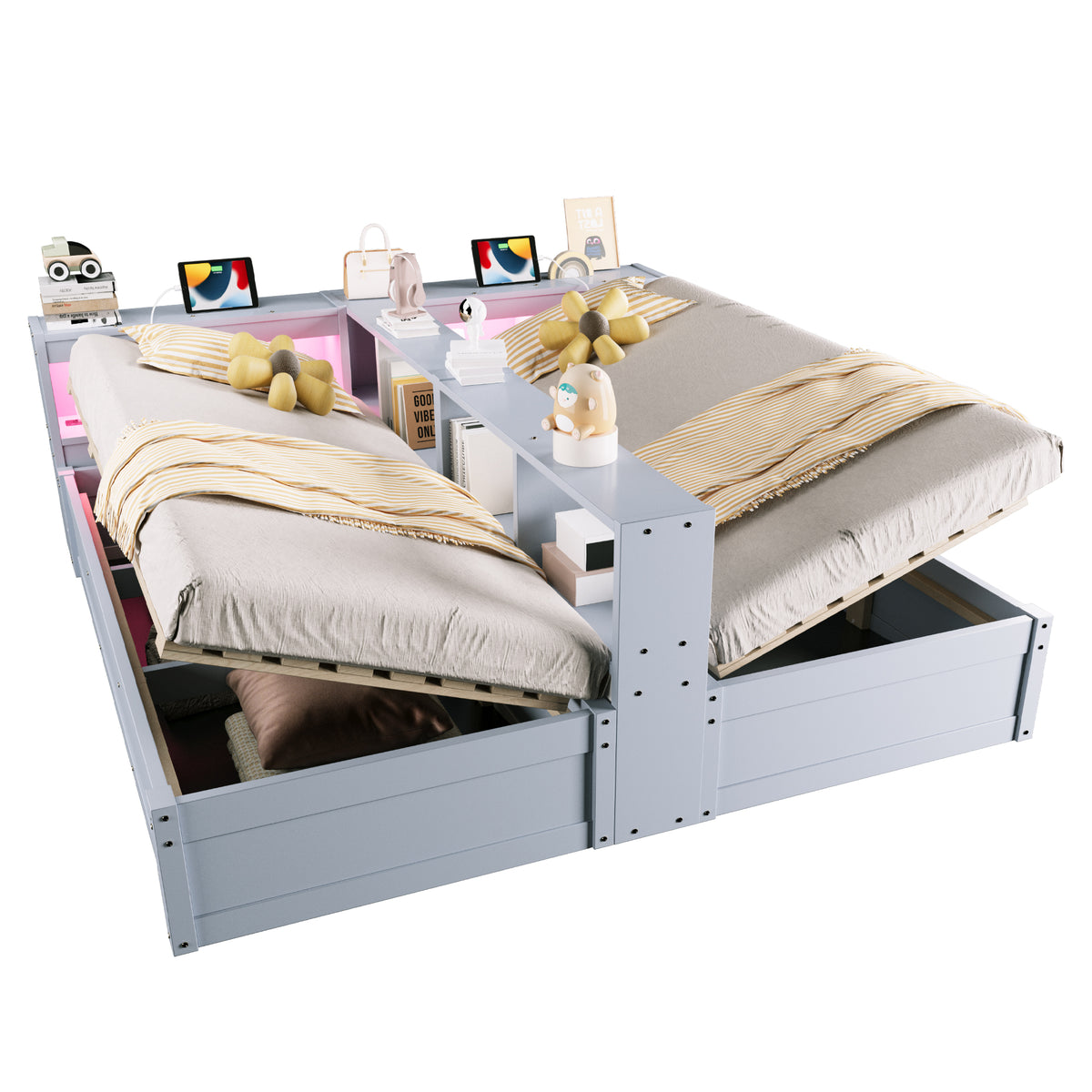 Sofa Bed 90/180x200cm with Hydraulic Storage & LED, Grey Wood