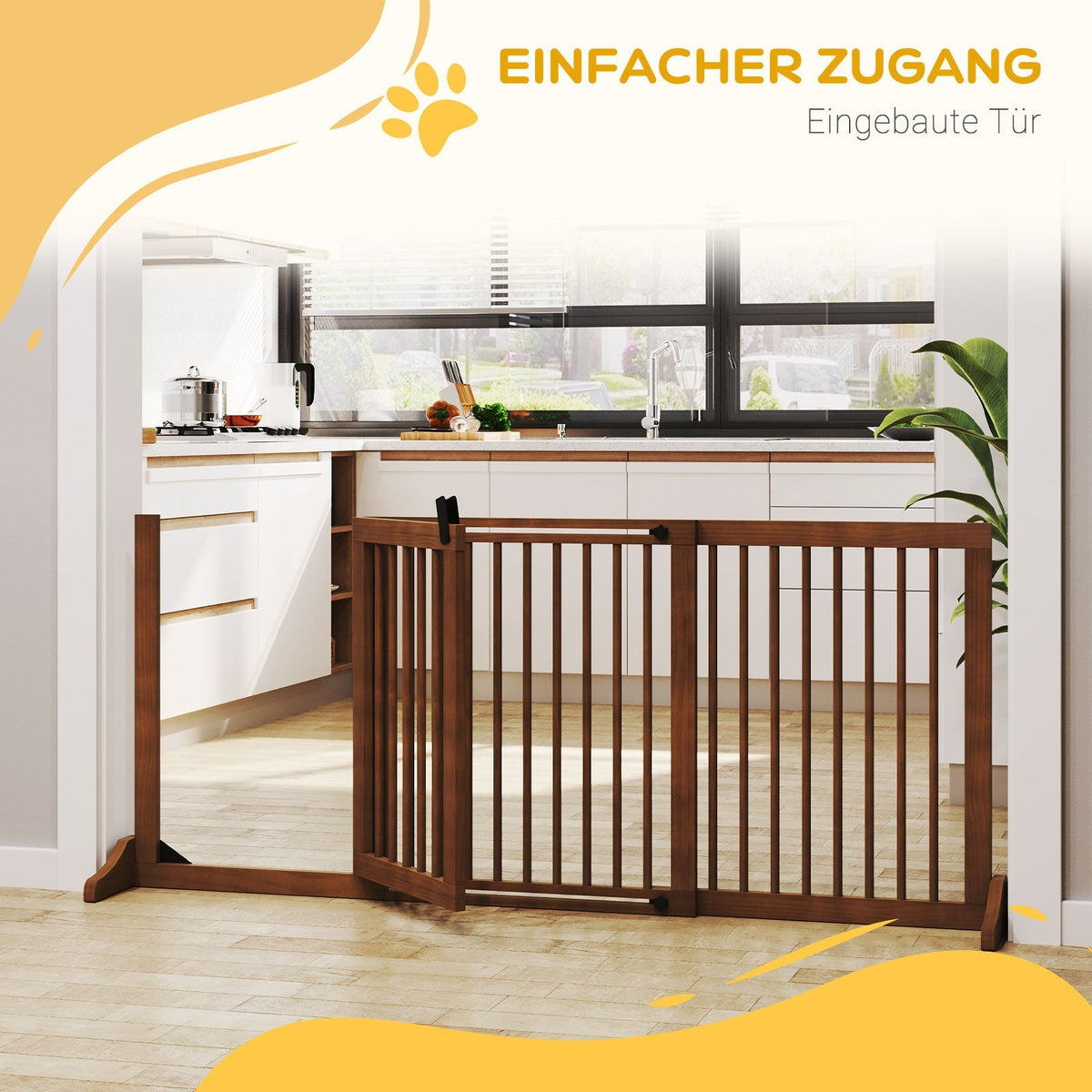 Freestanding Dog Gate with Door, Safety, Wooden, Brown