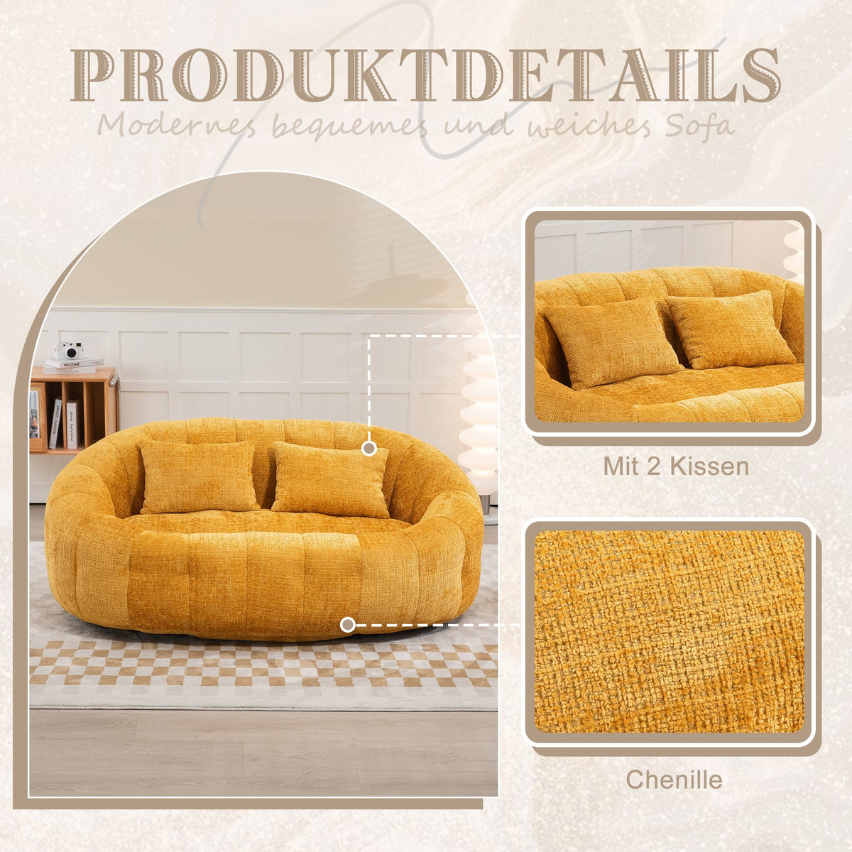 Bean Bag Sofa High Back Comfort Lounger Indoor Outdoor Yellow Chenille