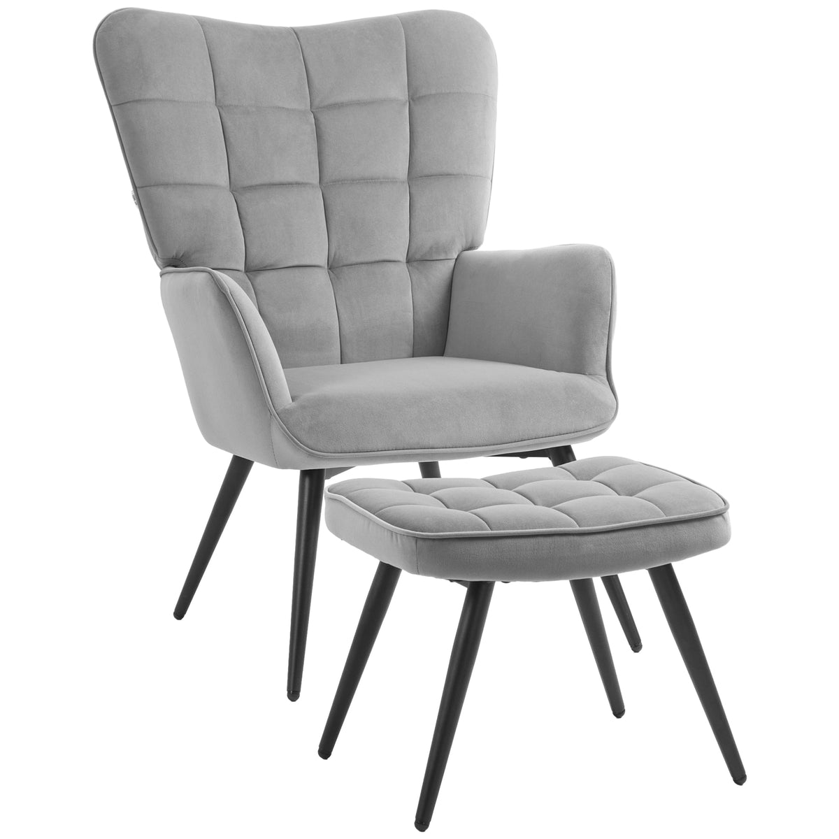 Wingback Chair with Footstool, Upholstered, Velvet Look, Light Grey