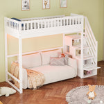 Loft Bed with LED Light Strip and Interchangeable Safety Ladders, 90x200cm, White Solid Pine Wood