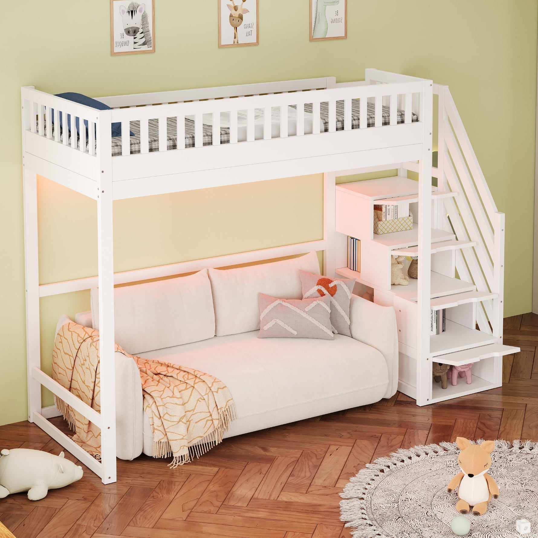 Loft Bed with LED Light Strip and Interchangeable Safety Ladders, 90x200cm, White Solid Pine Wood