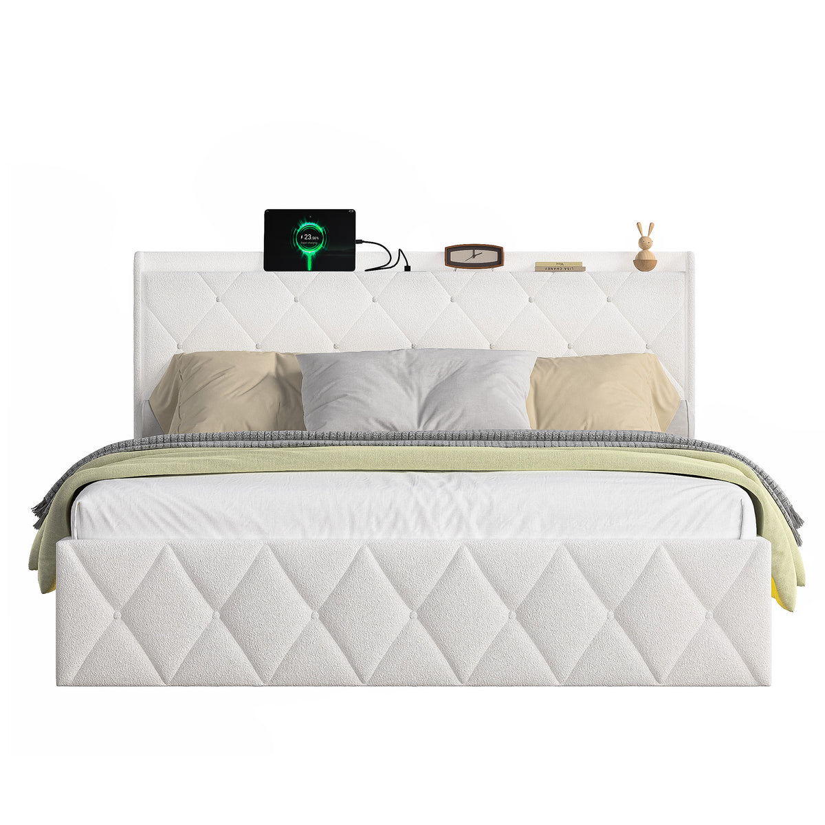 Upholstered Double Bed 160x200cm, USB LED & 6 Drawers, White Plush