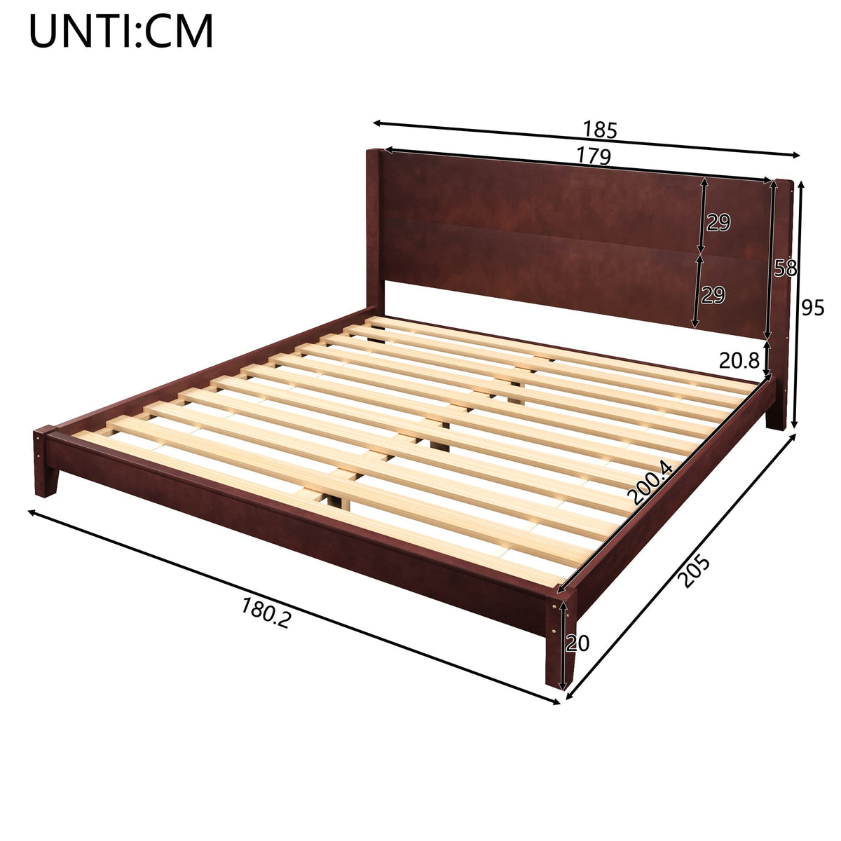 Platform Bed with Headboard and Slatted Base, 180x200cm, Brown Wood