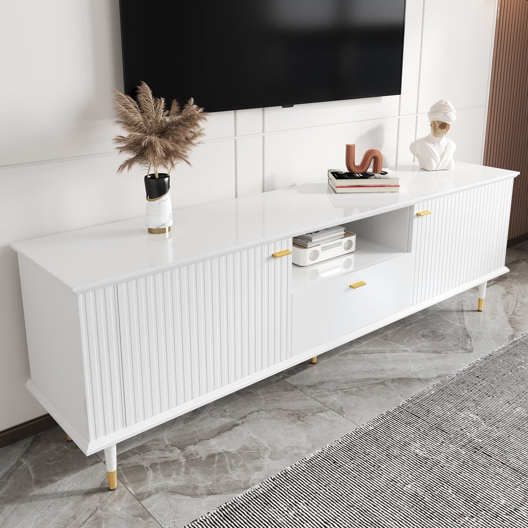 TV Cabinet with Open Compartments, Drawers, Soft-Close Hinges, Lacquered Textured Surface