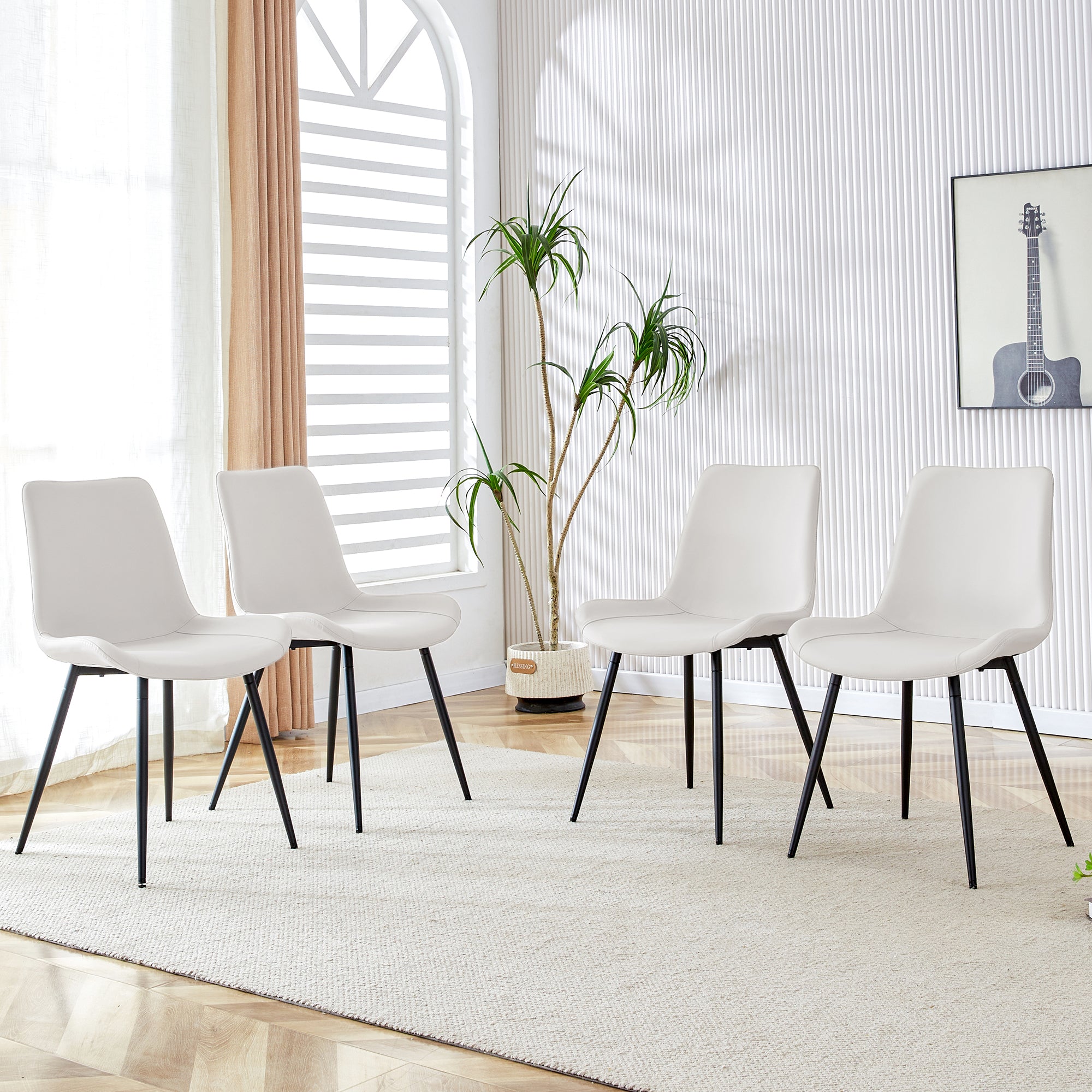 Dining Chair Set of 4 Modern Widened Seat Metal Legs - White Faux Leather
