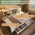 Storage Bed 140x200cm with Drawers, Double Doors and USB/USB-C Ports, White Wood