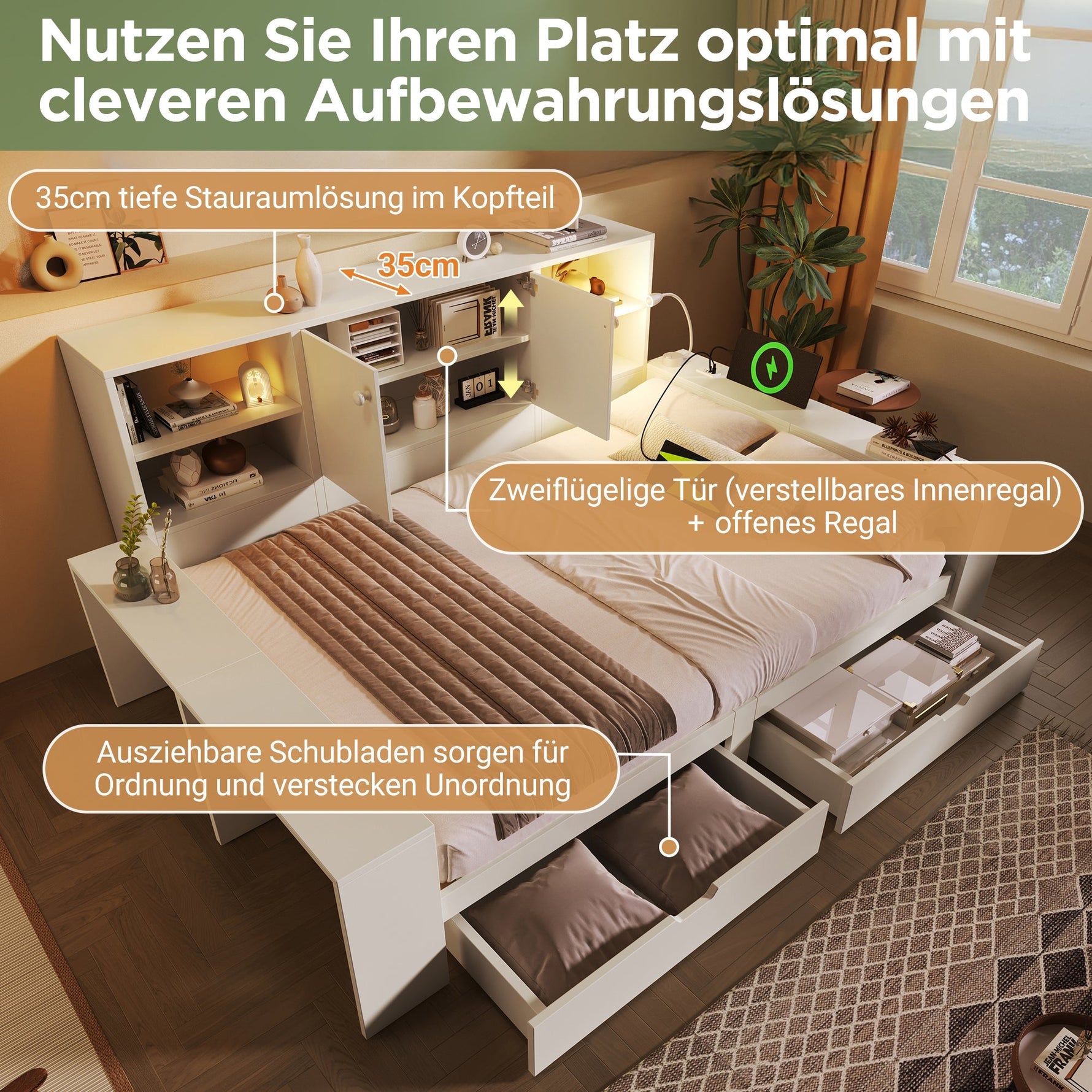 Storage Bed 140x200cm with Drawers, Double Doors and USB/USB-C Ports, White Wood