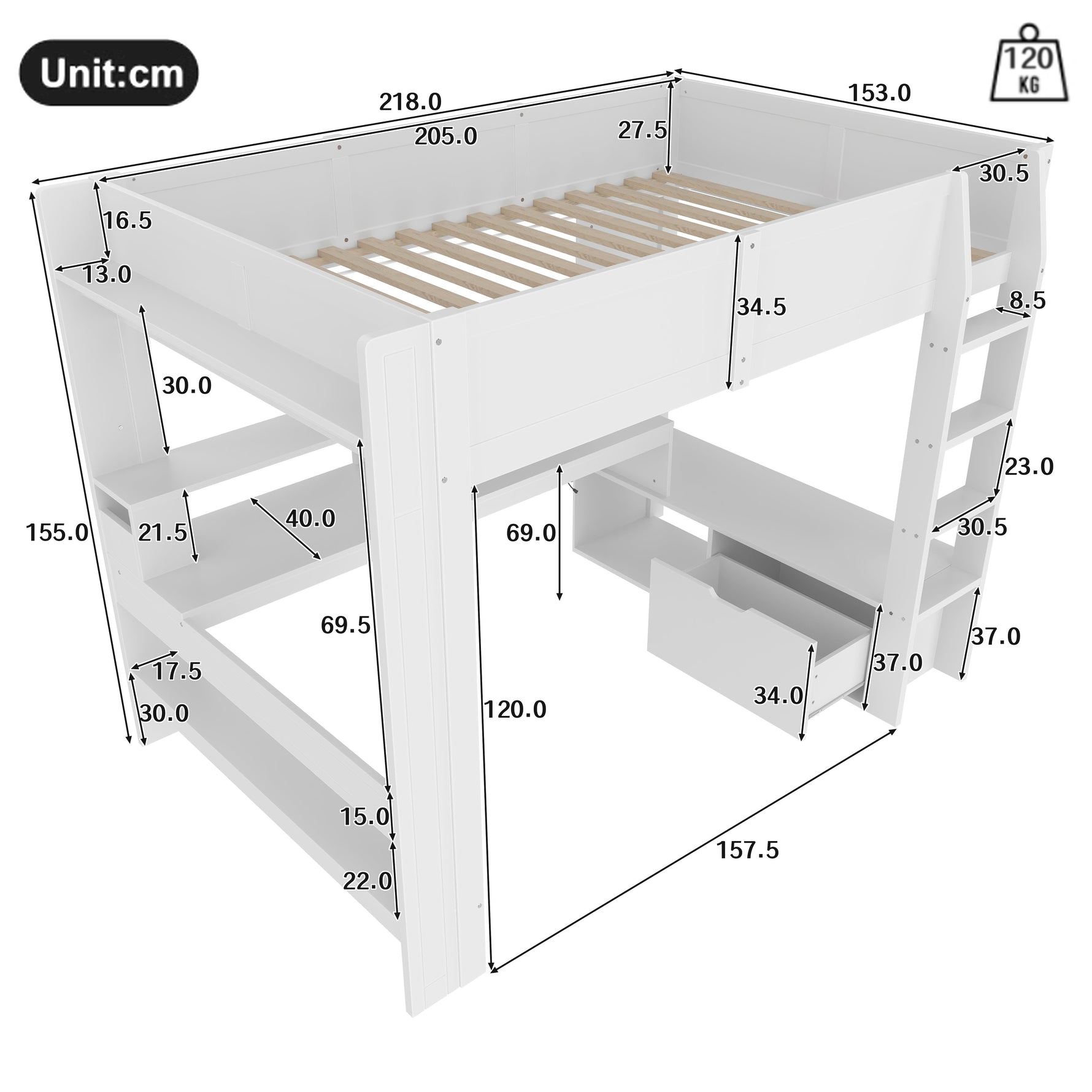 Loft Bed 140x200cm Gaming Desk LED Drawer Shelves - White