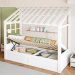 Country Style Children's Bed 90x200cm with Roof & Storage, White