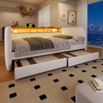 Upholstered Daybed with LED, USB-C, 2 Drawers and Storage Headboard, 140x190cm, Light Beige Linen