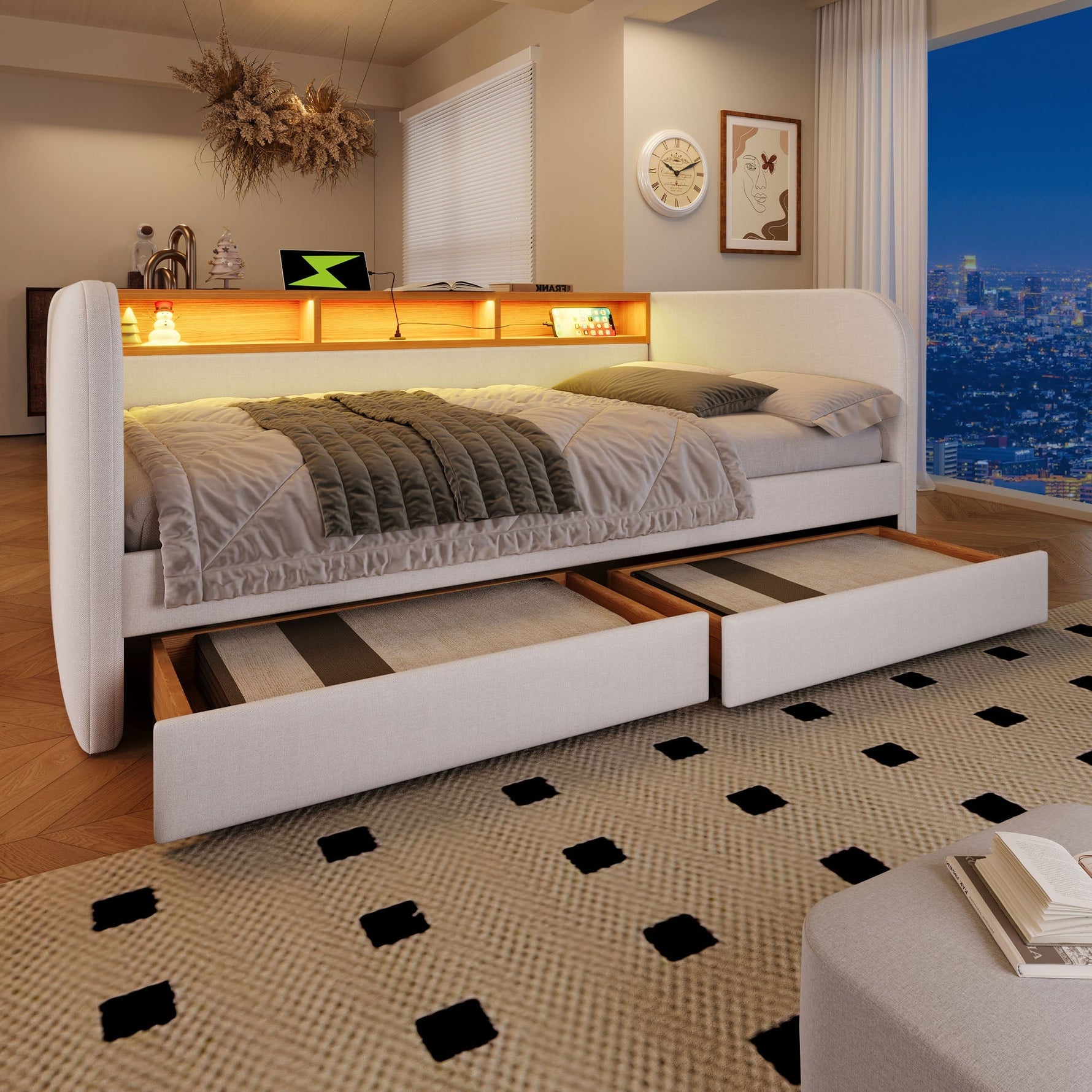 Upholstered Daybed with LED, USB-C, 2 Drawers and Storage Headboard, 140x190cm, Light Beige Linen