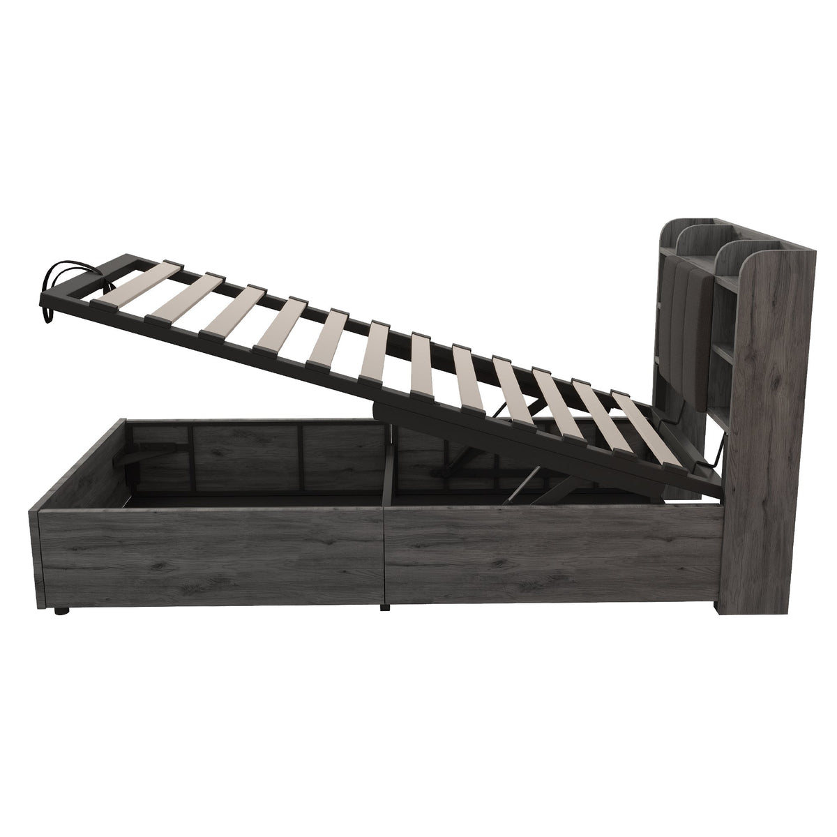 Wooden Bed, 90x200 cm Hydraulic with Storage & USB/Type-C, Grey
