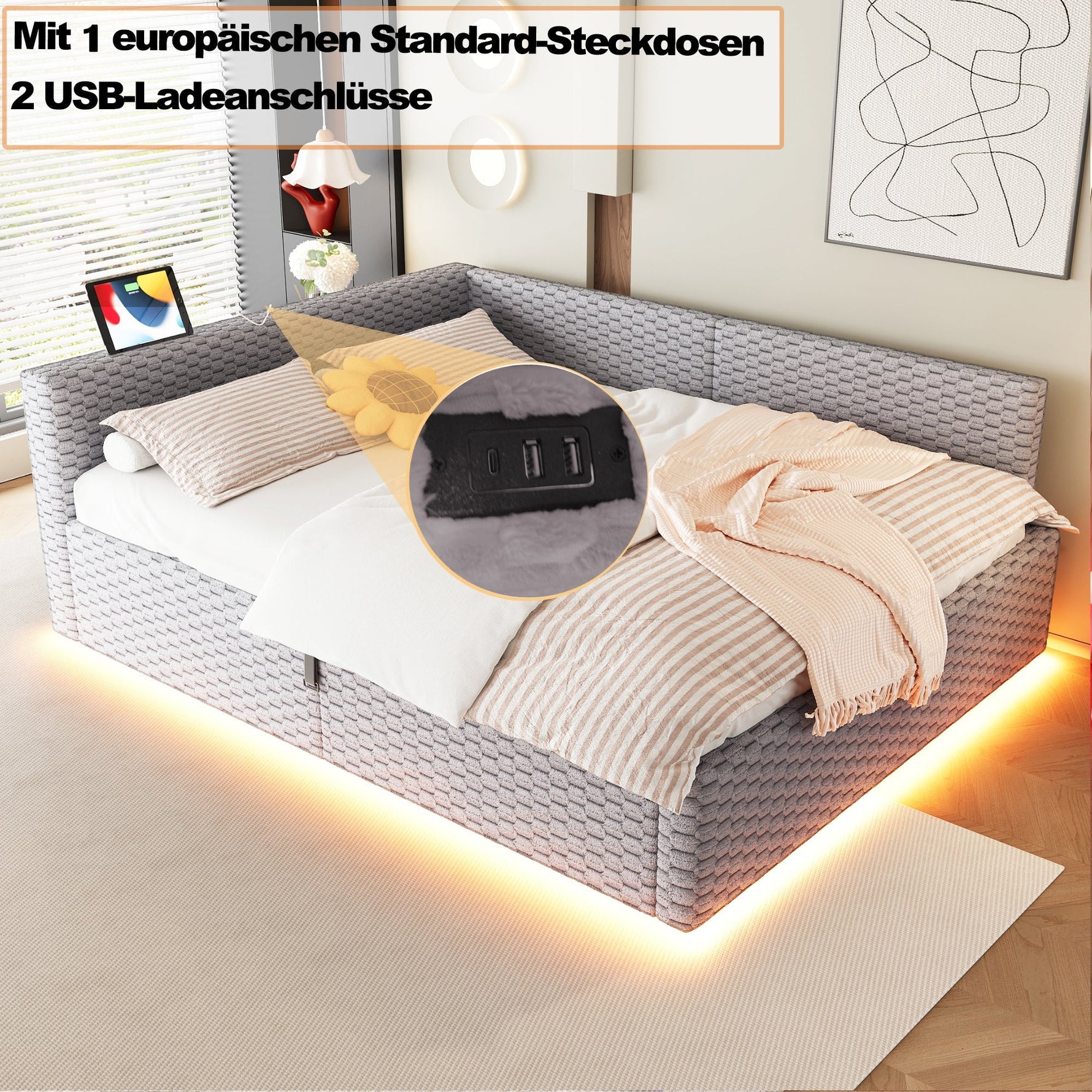 Upholstered Bed with LED, USB-C/USB and Hydraulic Storage, 140x200cm, Grey Velvet