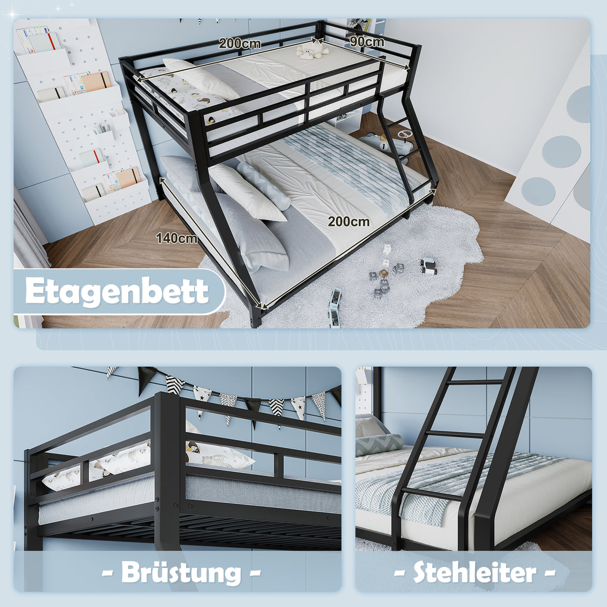 Bunk Bed 90x200 / 140x200 with Railing & Step, Black Metal