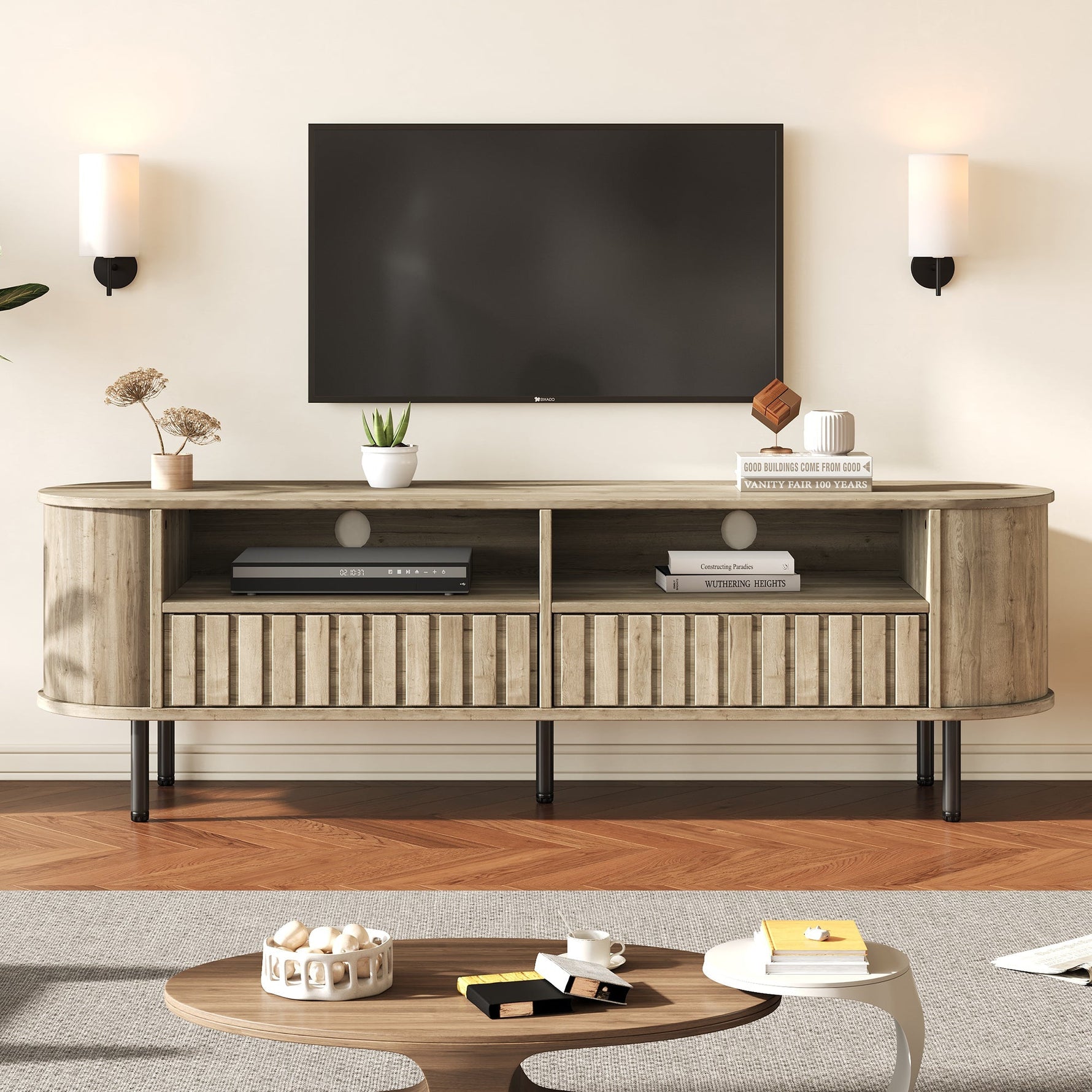 TV Cabinet Lowboard 160cm 2 Doors 2 Drawers for 65 Inch - Natural Wood
