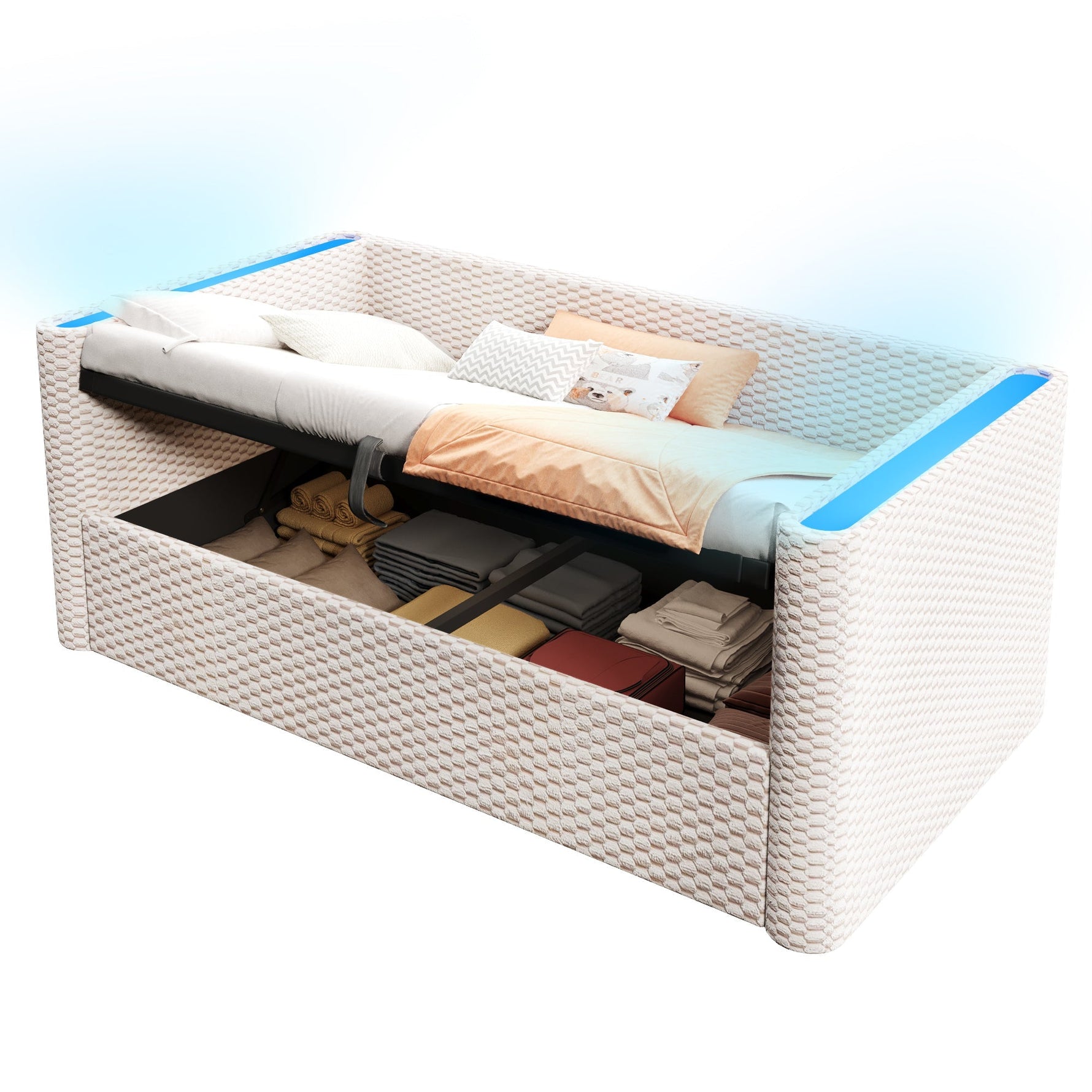 Daybed Sofa Bed 90x200cm Hydraulic Storage LED Lighting Velvet Beige