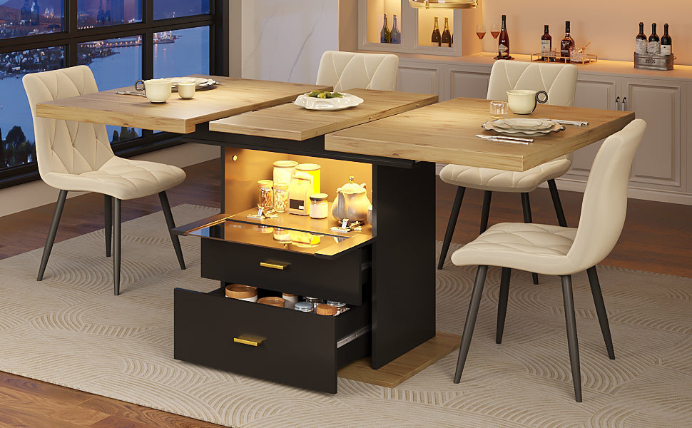 Extendable Dining Table with LED Lighting and Seating for 6 People, Wood Finish
