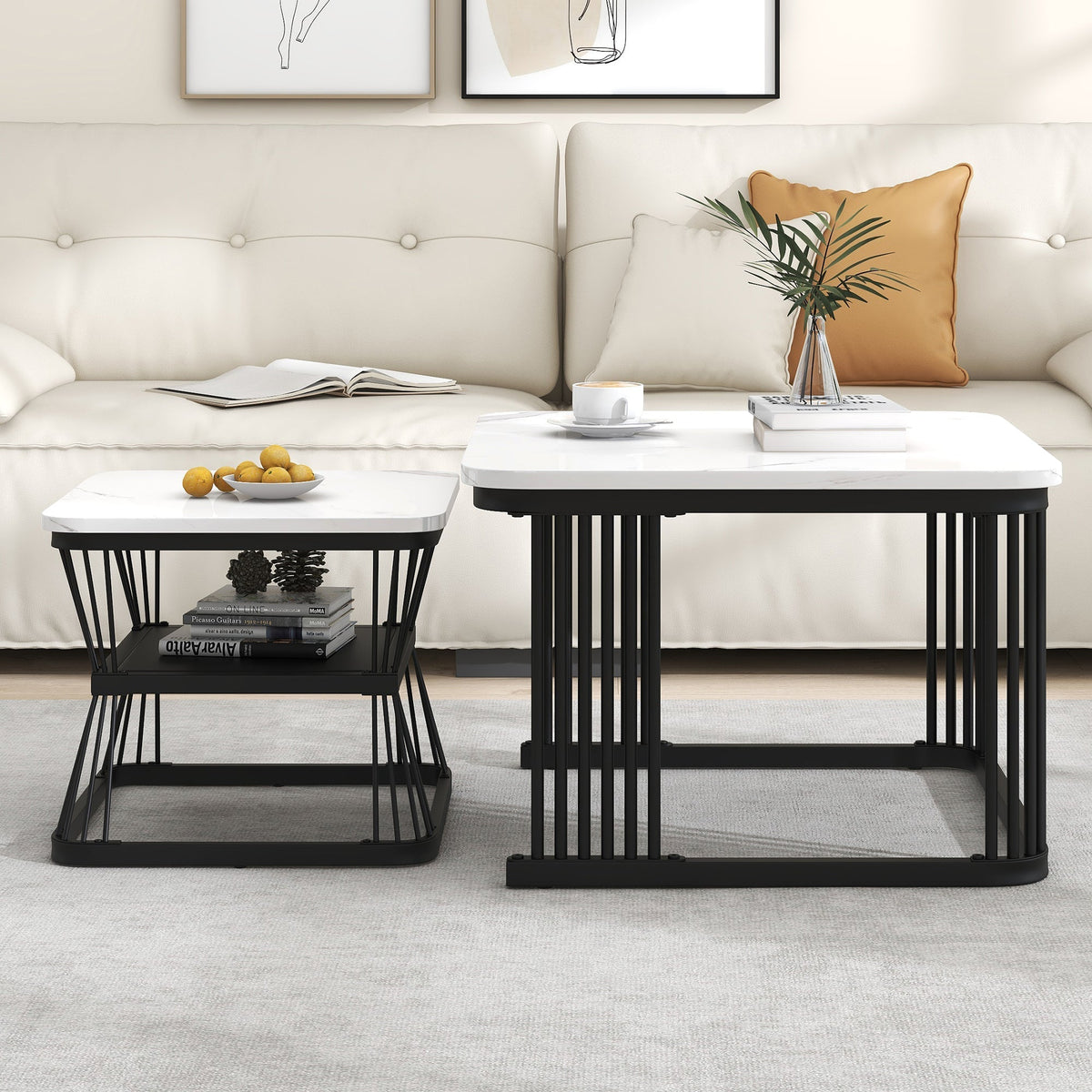Set of 2 Modern Side Tables Marble Look Steel Frame - White/Black