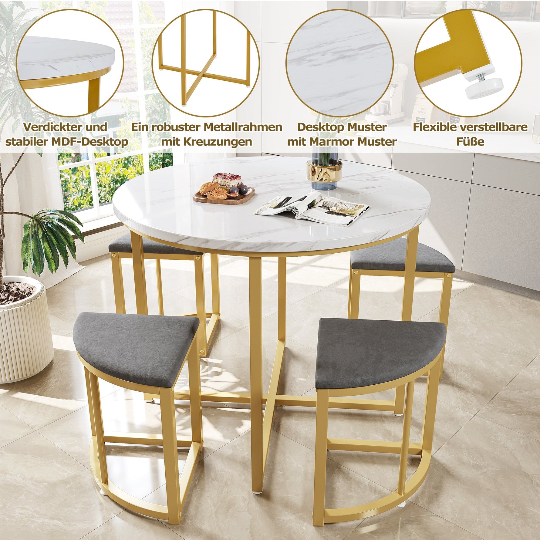 Dining Table Set 5-Piece Modern Luxury Gilded Iron Frame Grey Velvet