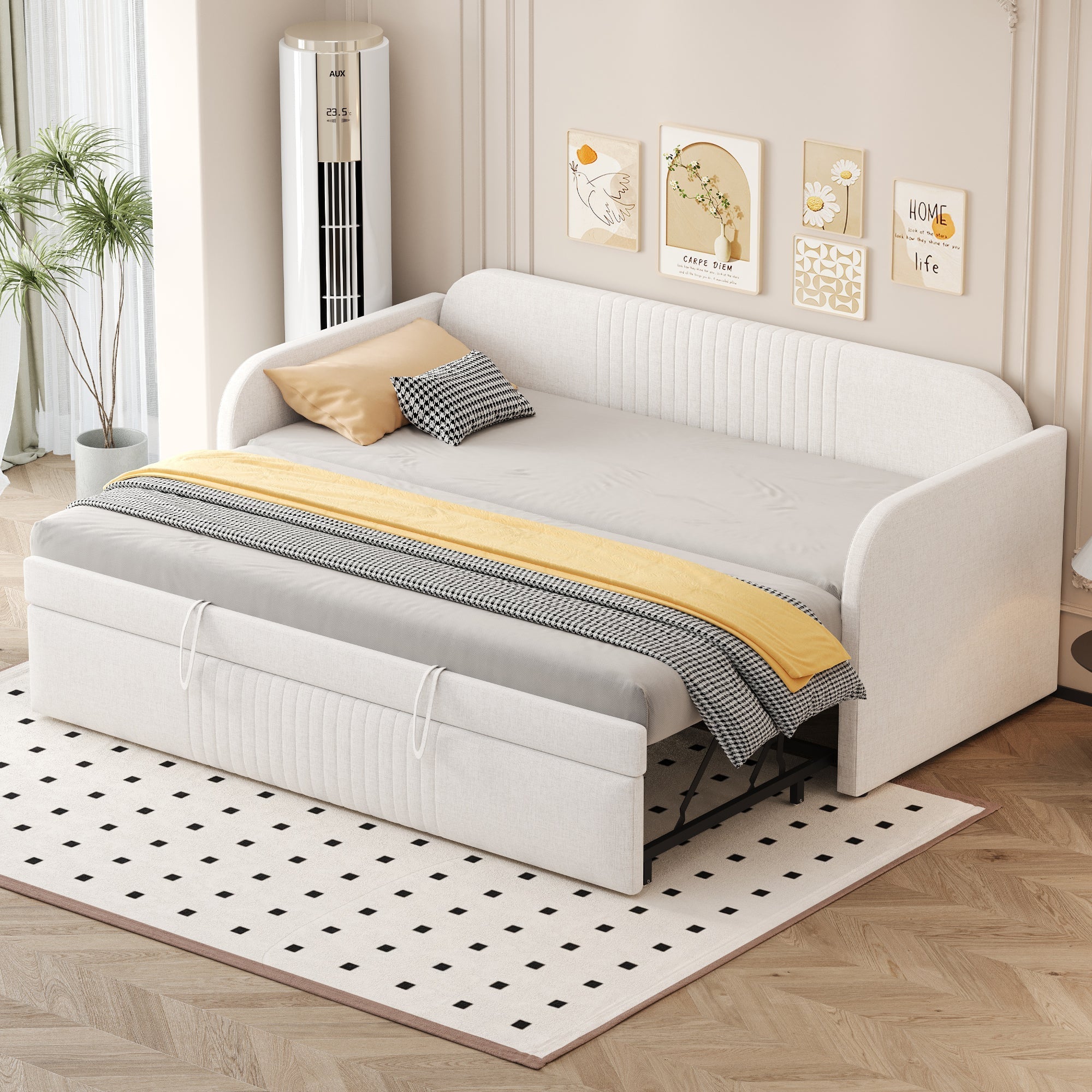 Upholstered Bed Pull-Out Sofa Bed, 90/180*190cm Multifunctional with Slatted Frame, Beige Linen