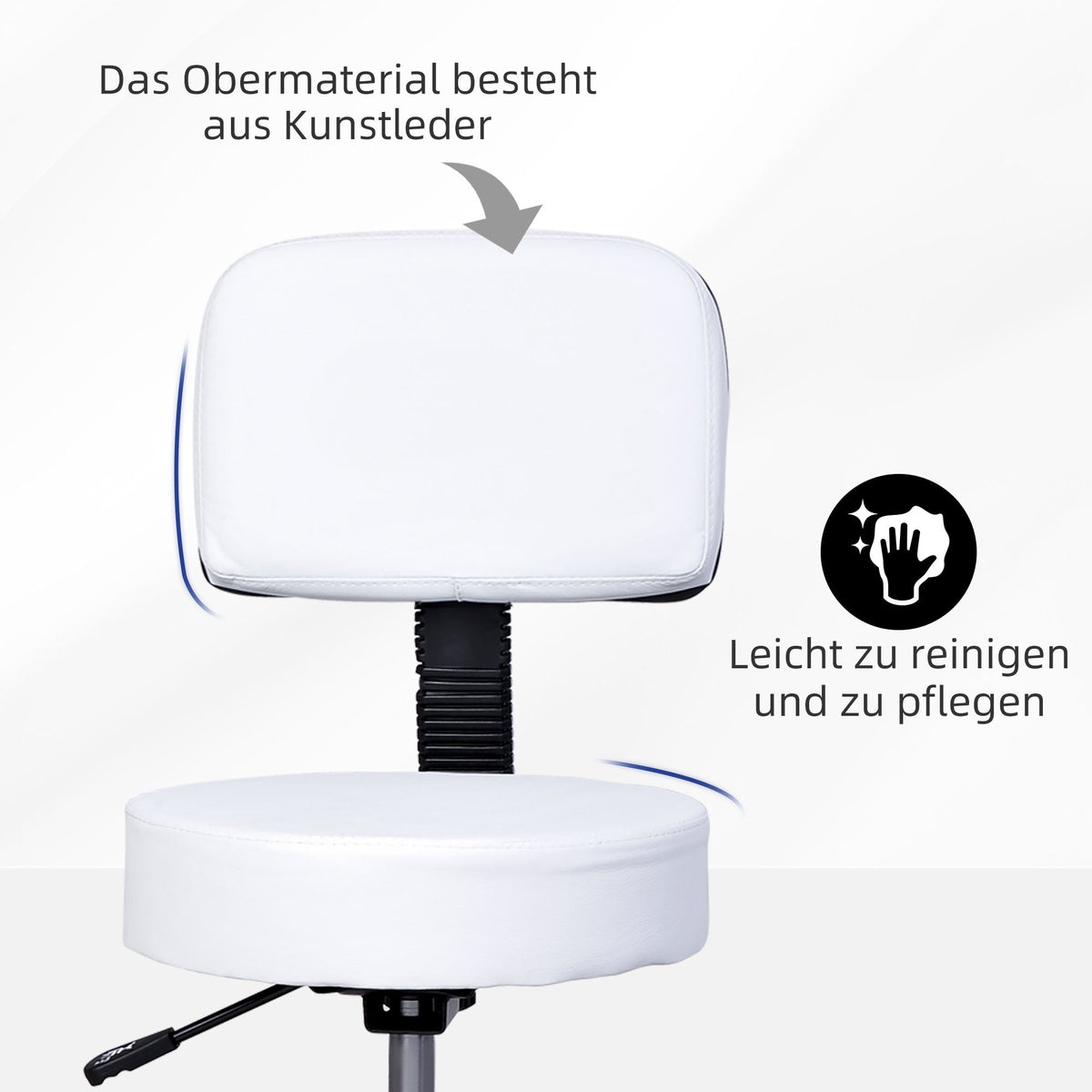 Work Stool, Rolling Swivel, Height Adjustable with Backrest, White