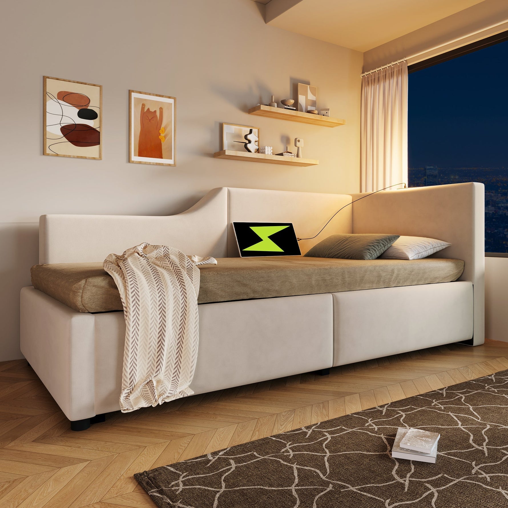 Daybed, 90x200cm Sofa with Hydraulic Storage, Reading Light & USB-C, Velvet Beige
