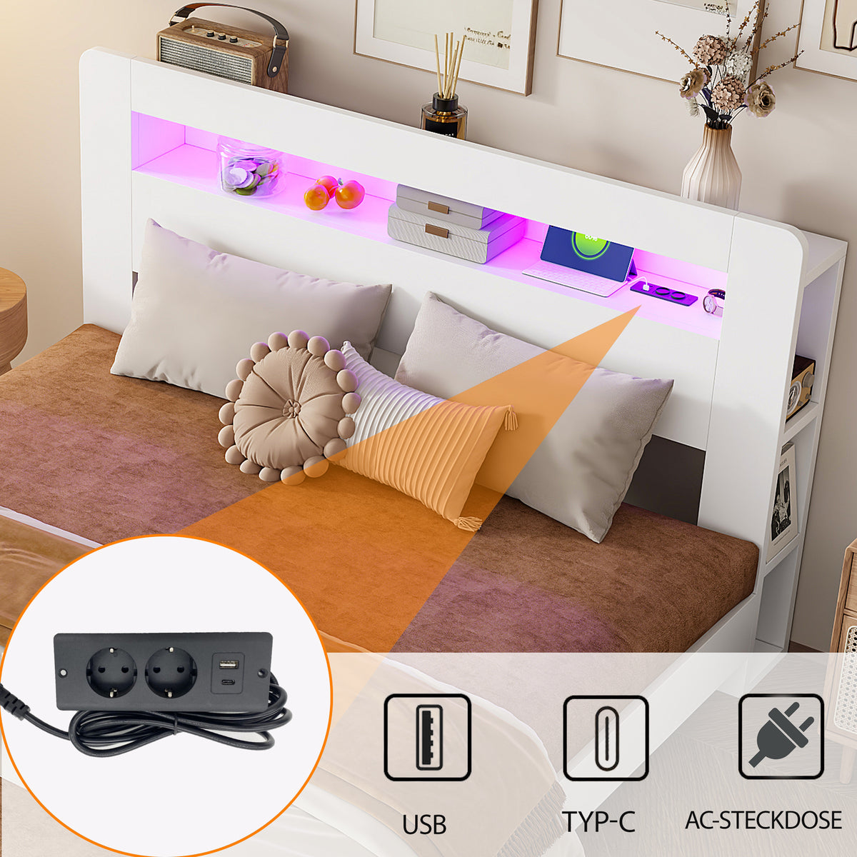 Wooden Bed Frame with Storage Headboard & LED, 140x200 cm, White