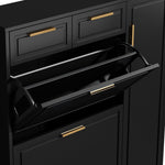 Modern Shoe Cabinet with Adjustable Shelves, Gold Handles, Drawers, Folding Doors, Black