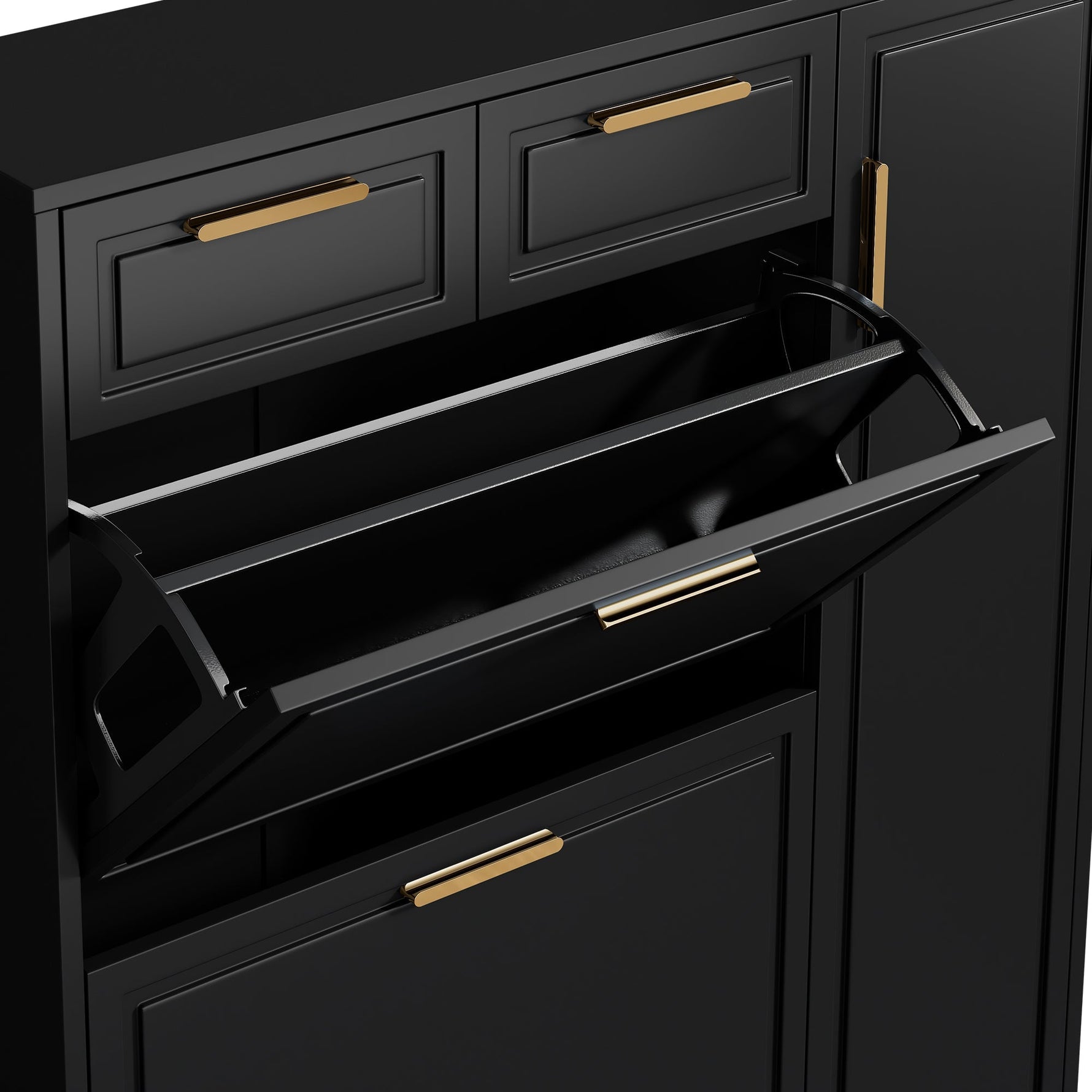 Modern Shoe Cabinet with Adjustable Shelves, Gold Handles, Drawers, Folding Doors, Black