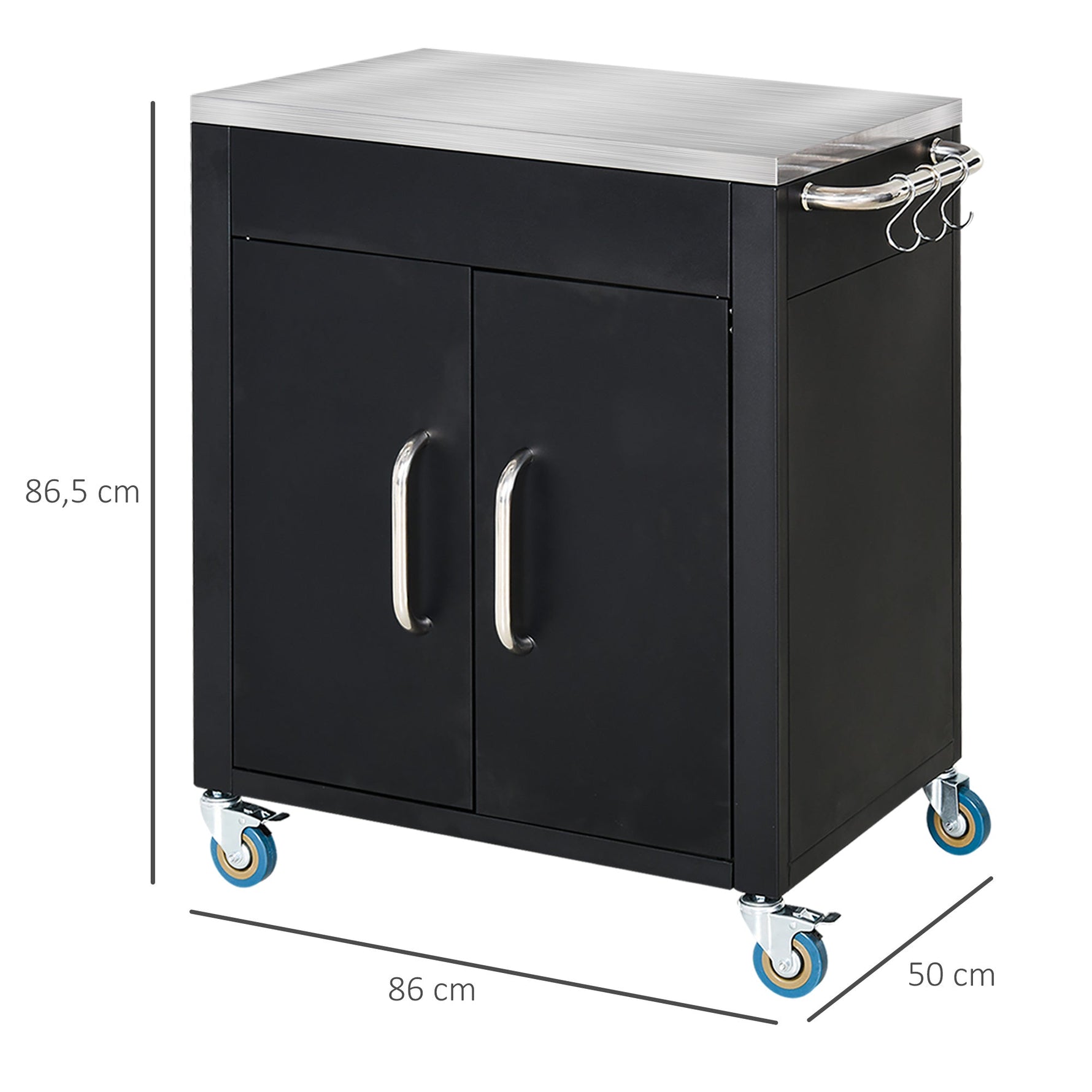 Kitchen Trolley Serving Cabinet with Wheels Hooks 86x50x86.5cm, Black Stainless Steel