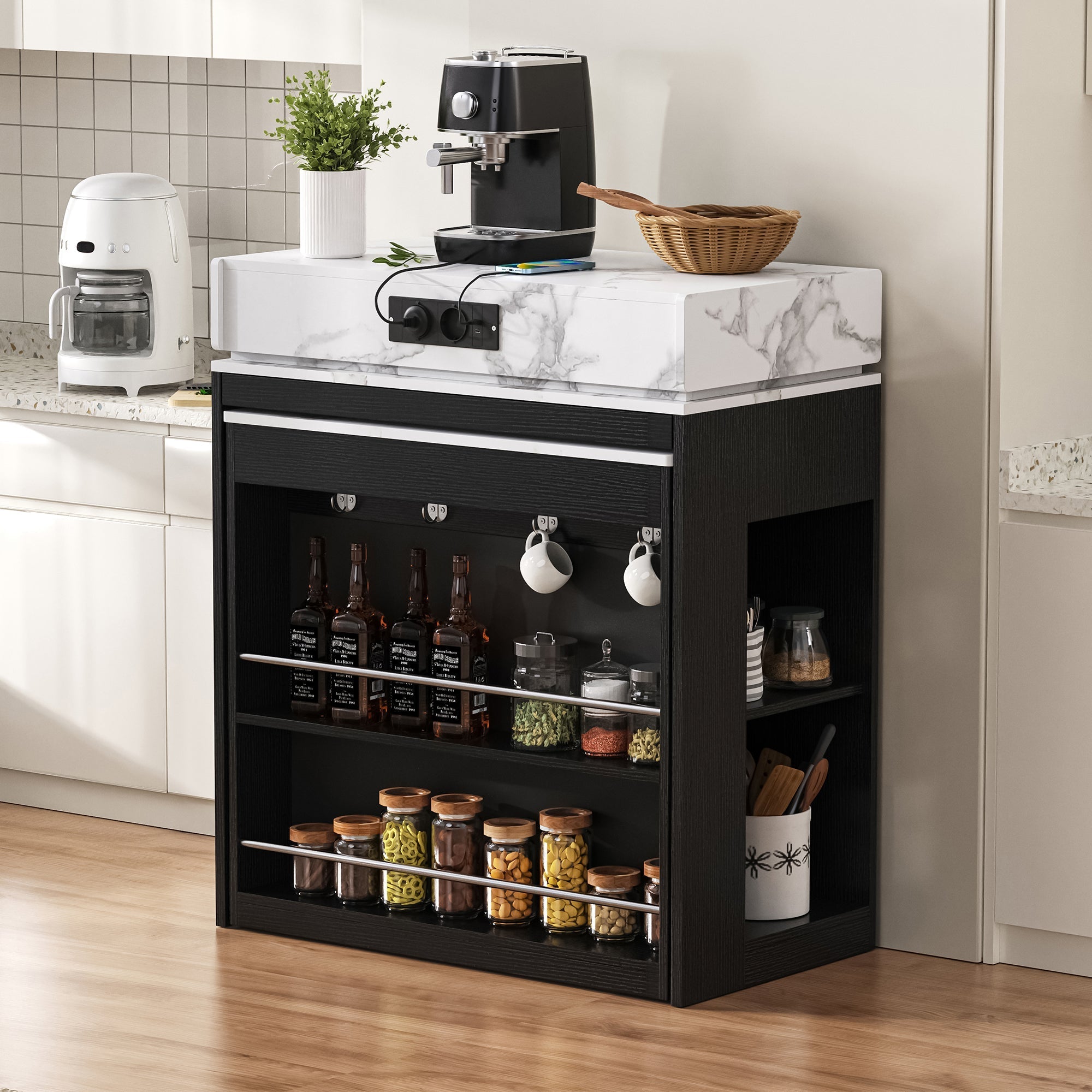 Kitchen Island Mobile Extendable Folding Table Power Strips - Black