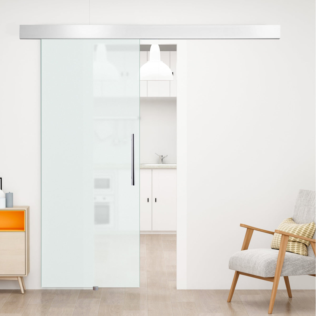 Glass Sliding Door Complete Set, Interior with Handle Bar, 2050x900mm, Frosted Glass
