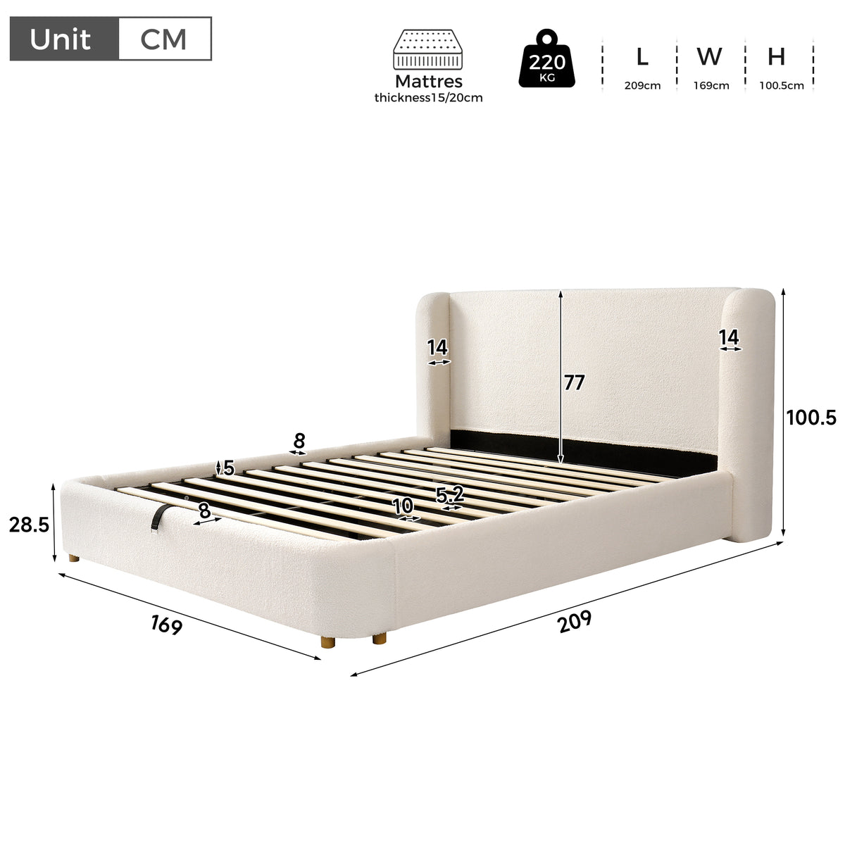 Upholstered Double Bed, Hydraulic Storage 140x190cm, Beige Bouclé