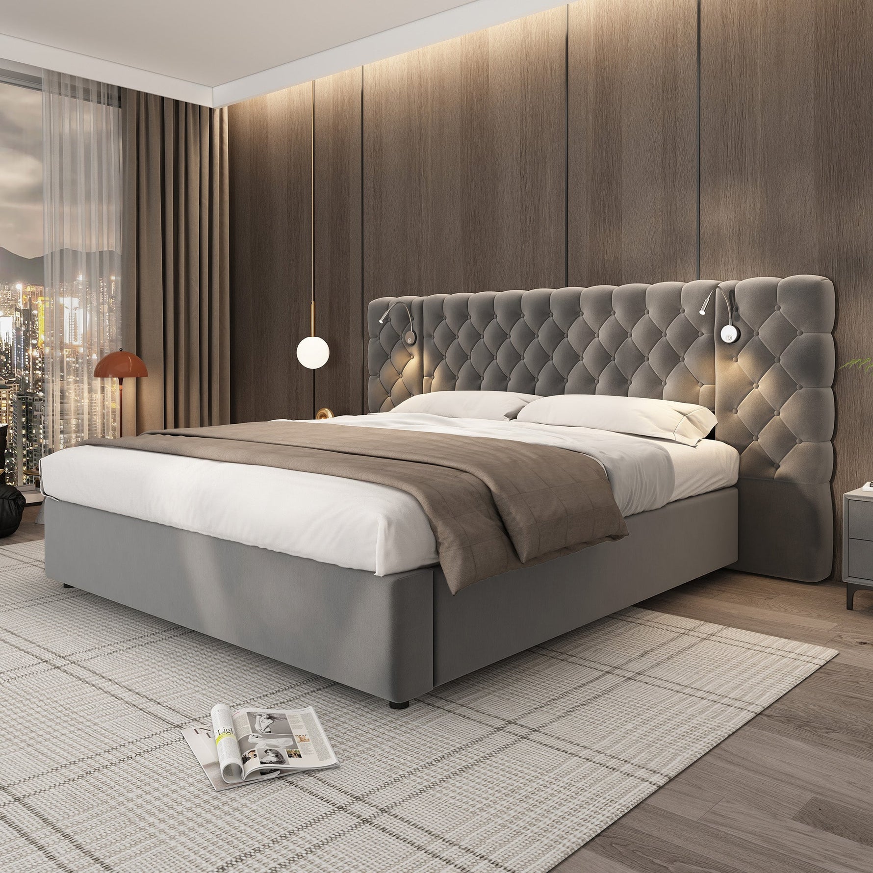 Upholstered Double Bed 160x200cm Hydraulic Storage LED Headboard Lamp - Velvet Grey
