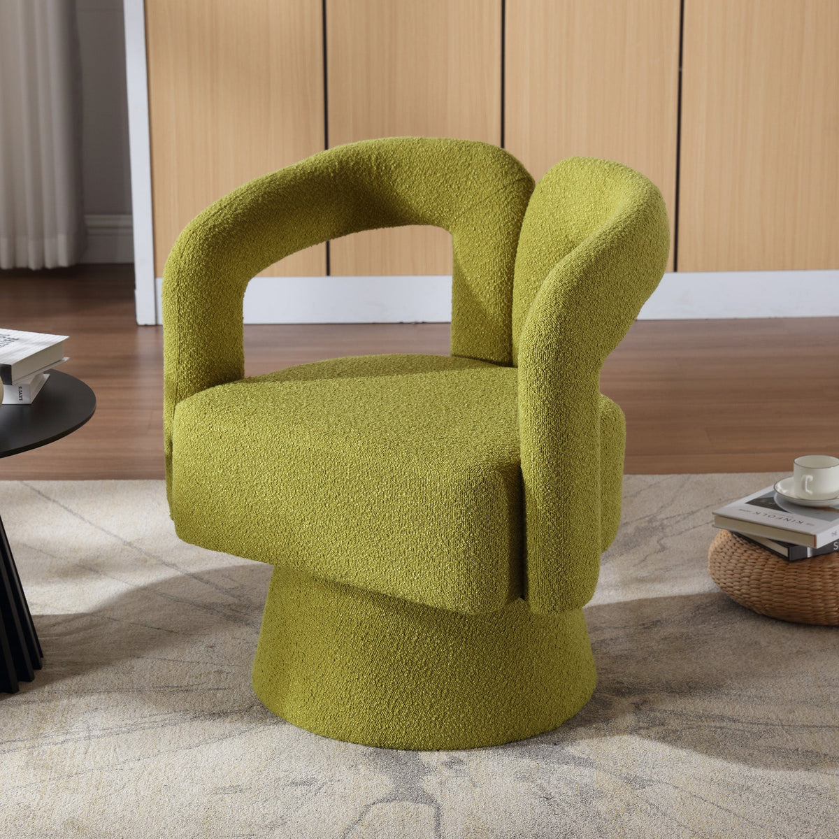 Snuggle Barrel Accent Chair, 360 Degree Rotating Round Armchair with Wide Cushions, Fluffy Fabric, Olive
