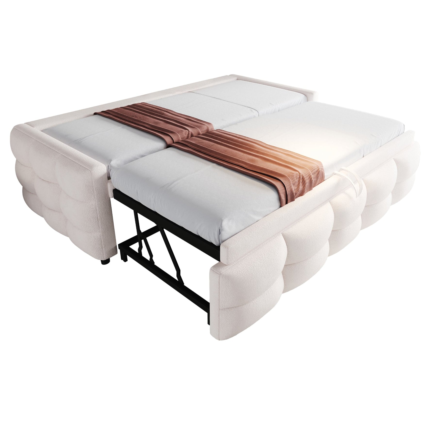 Extendable Upholstered Sofa Bed with Slatted Frame and 90/180x190cm Mattress Support, Beige Teddy Velvet