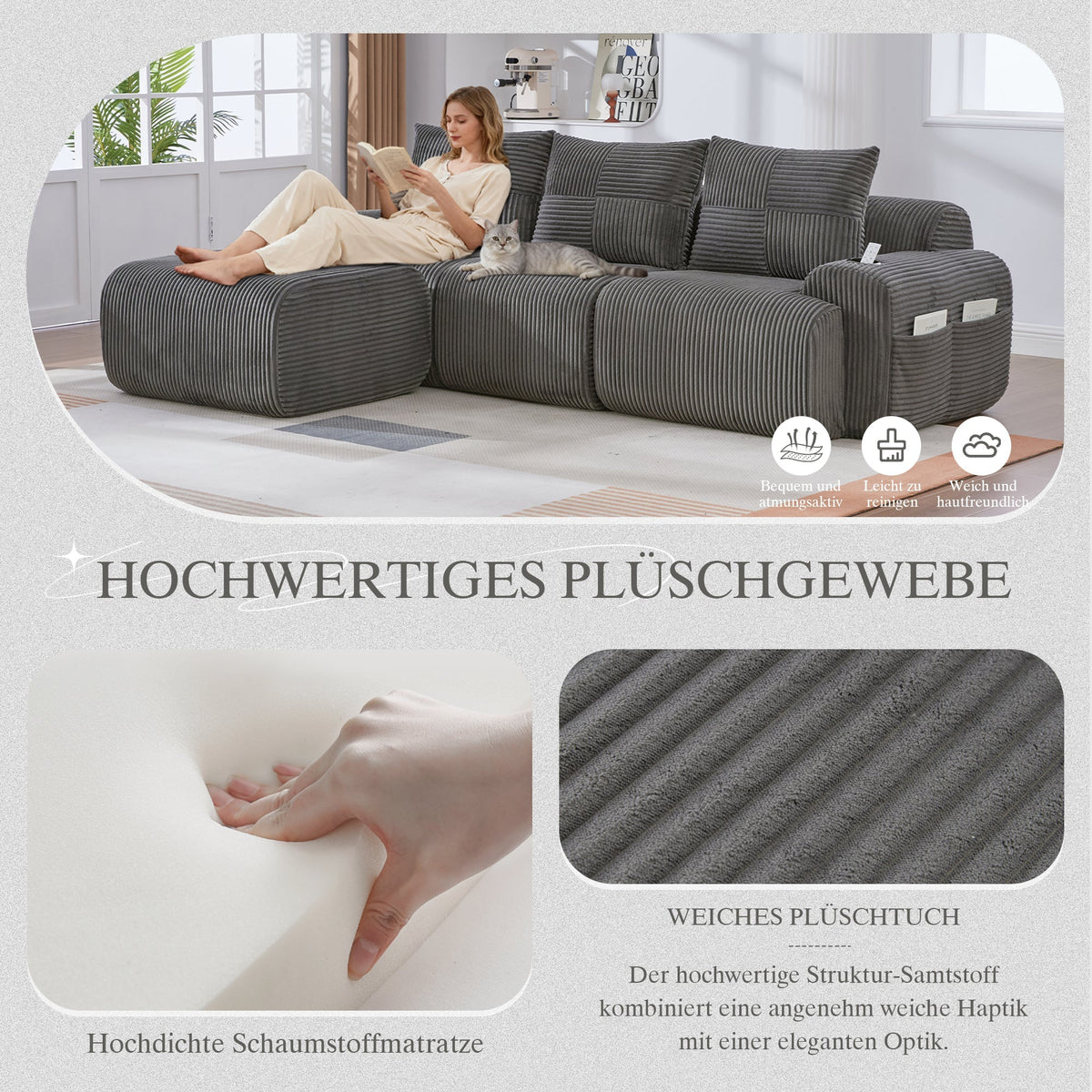 3-Seater Modular Corduroy Sofa with Ottomans, Cup Holders and Storage, Dark Grey