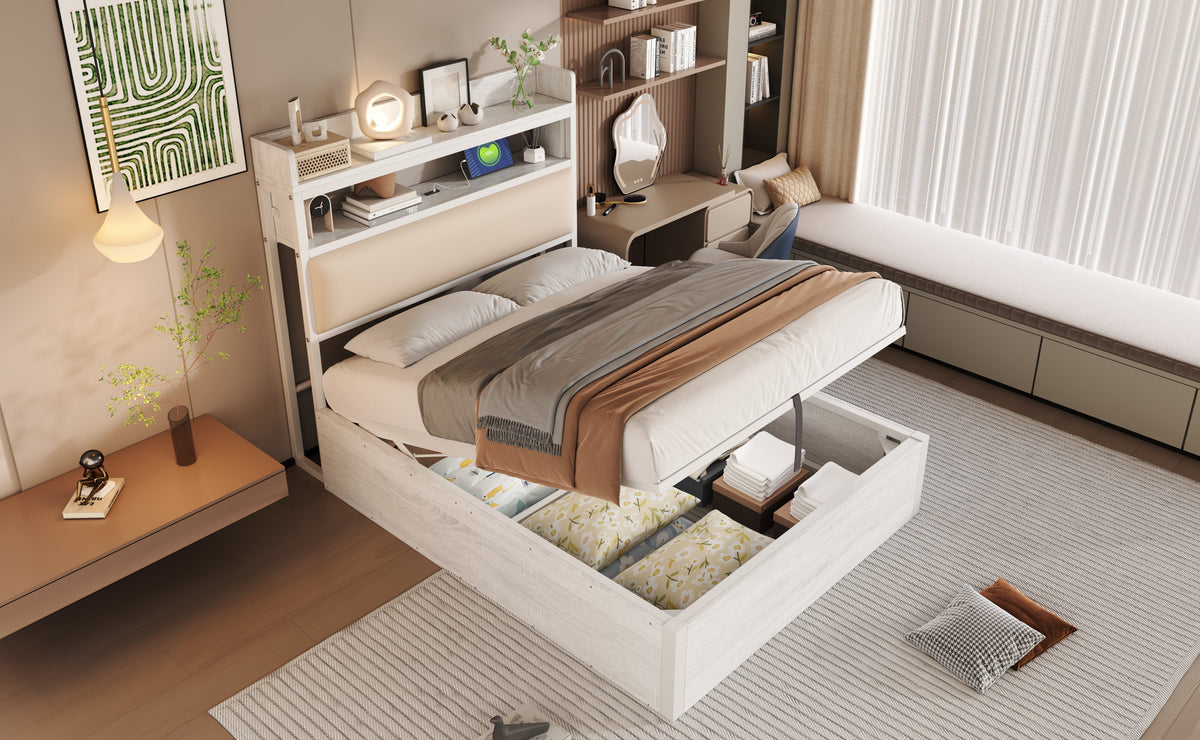 Bed Frame 90 x 200, Hydraulic Lift, USB, Upholstered Headboard, White