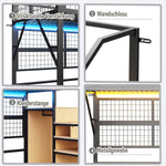 Metal Loft Bed 140x200 LED Lights Storage Open Wardrobe, Black