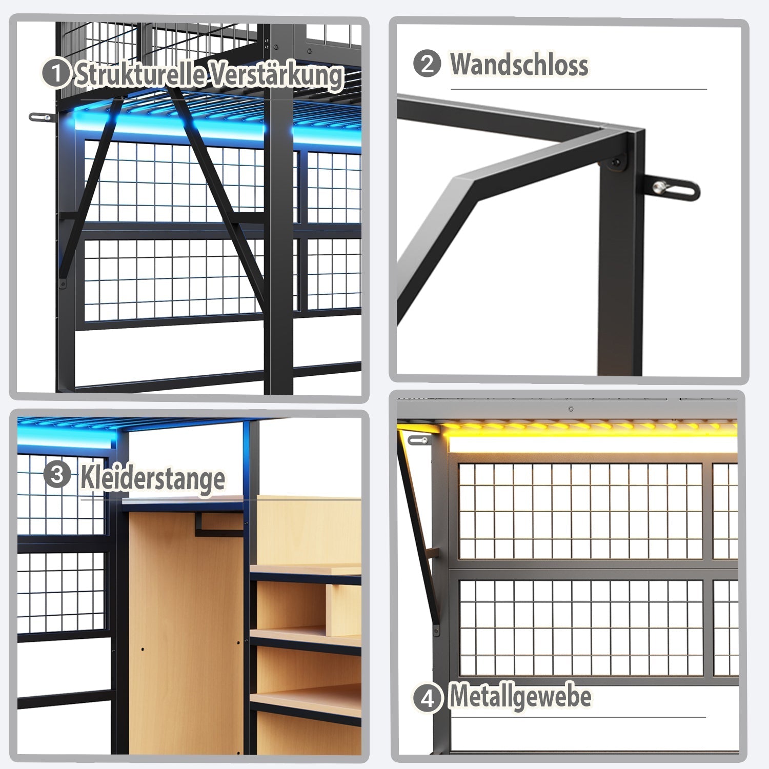 Metal Loft Bed 140x200 LED Lights Storage Open Wardrobe, Black