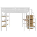 Loft Bed, 140x200cm with Storage Shelf, Desk, Wardrobe, Safety Steps, Iron, White