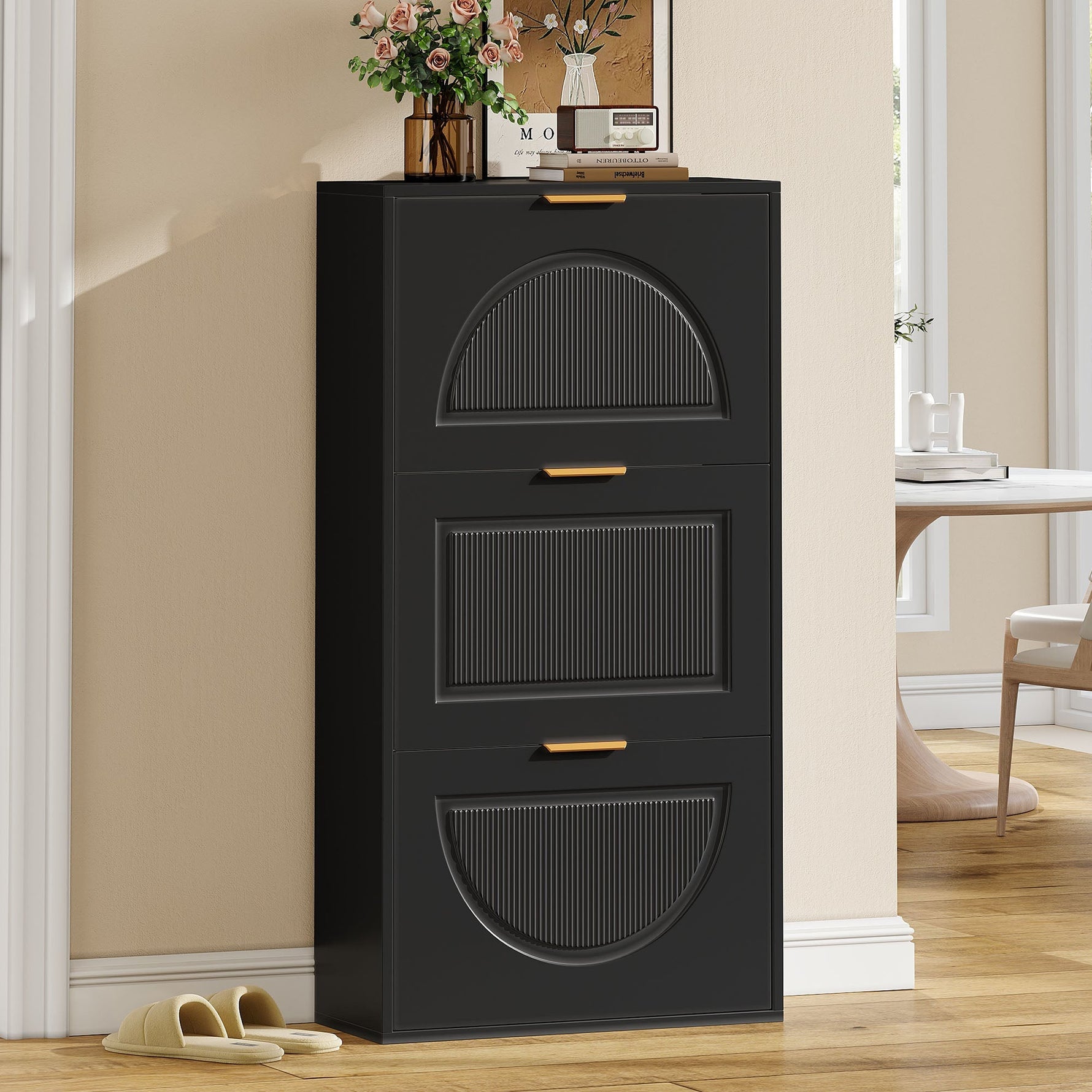 Narrow Shoe Cabinet with 3 Doors for Hallway and Living Room, Black